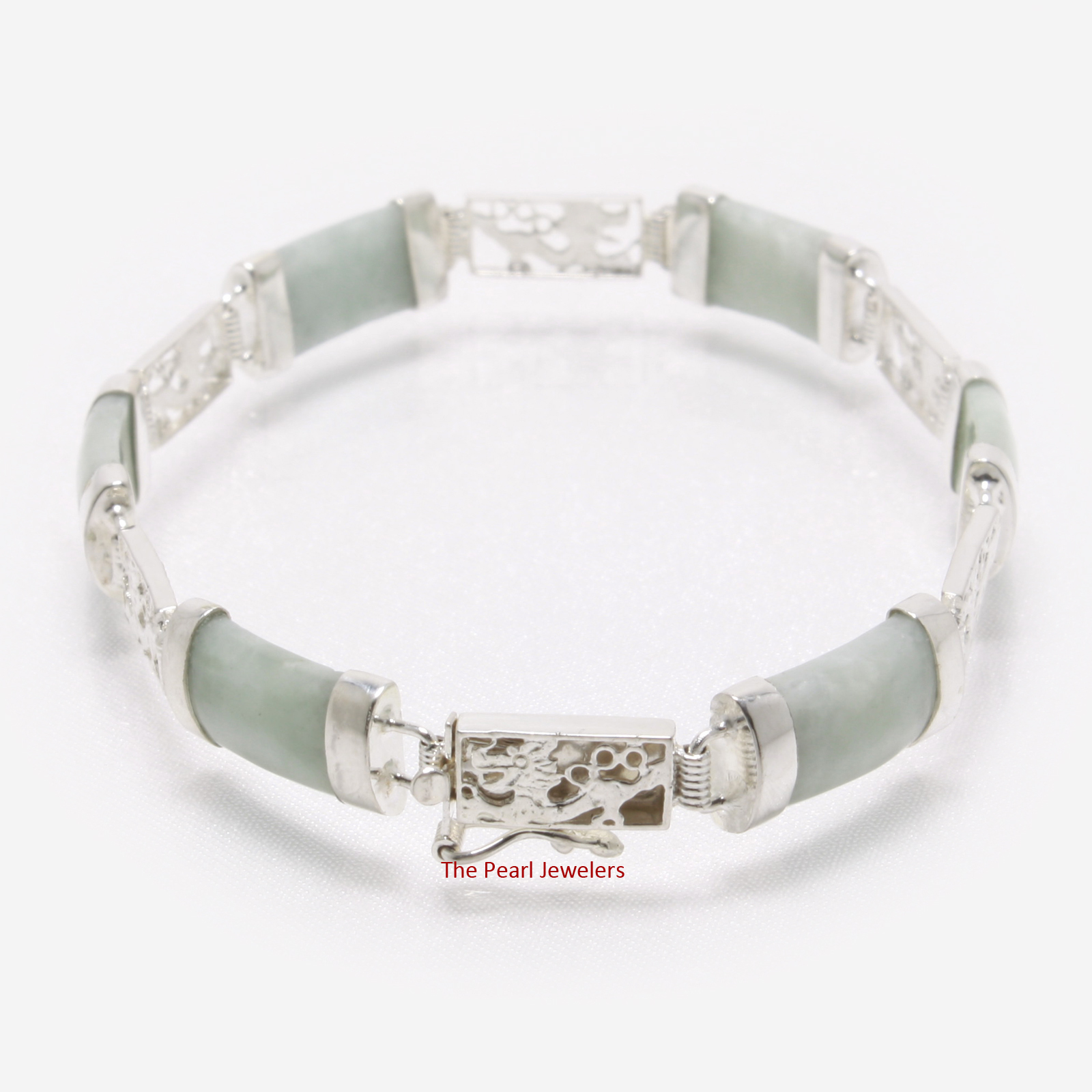 Celadon Jade Bracelet with 925 Sterling Silver Dragon Engraved Links – TPJ