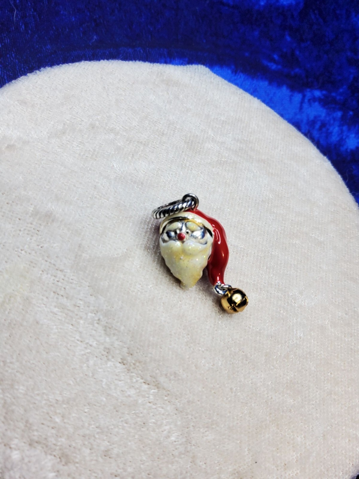 vintage metal and enamel red, white santa claus gold color bell pendant/charm