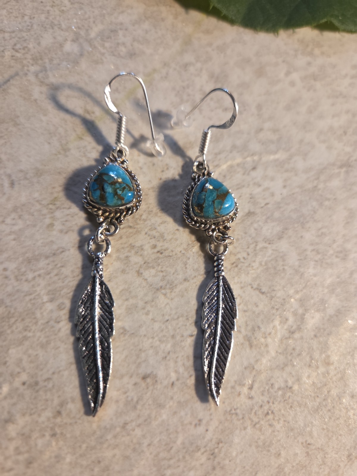 Genuine Turquoise W/ Feather Sterling Silver Dangle Earrings E20