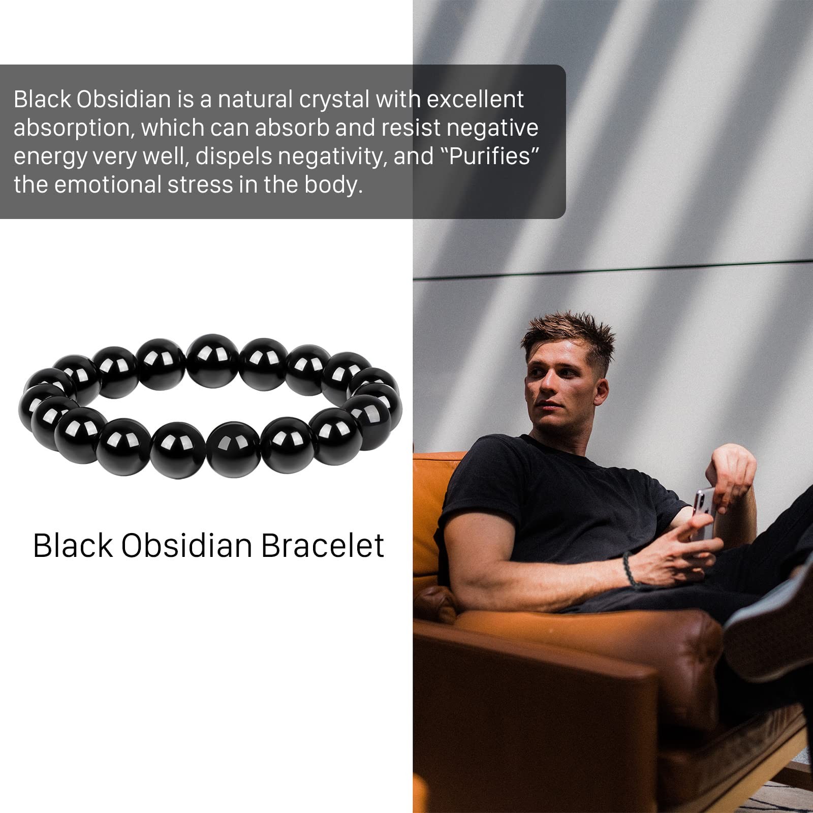 Protection Bracelet-Natural 6.3 inches – 7.3 inches, Black Obsidian (12MM)