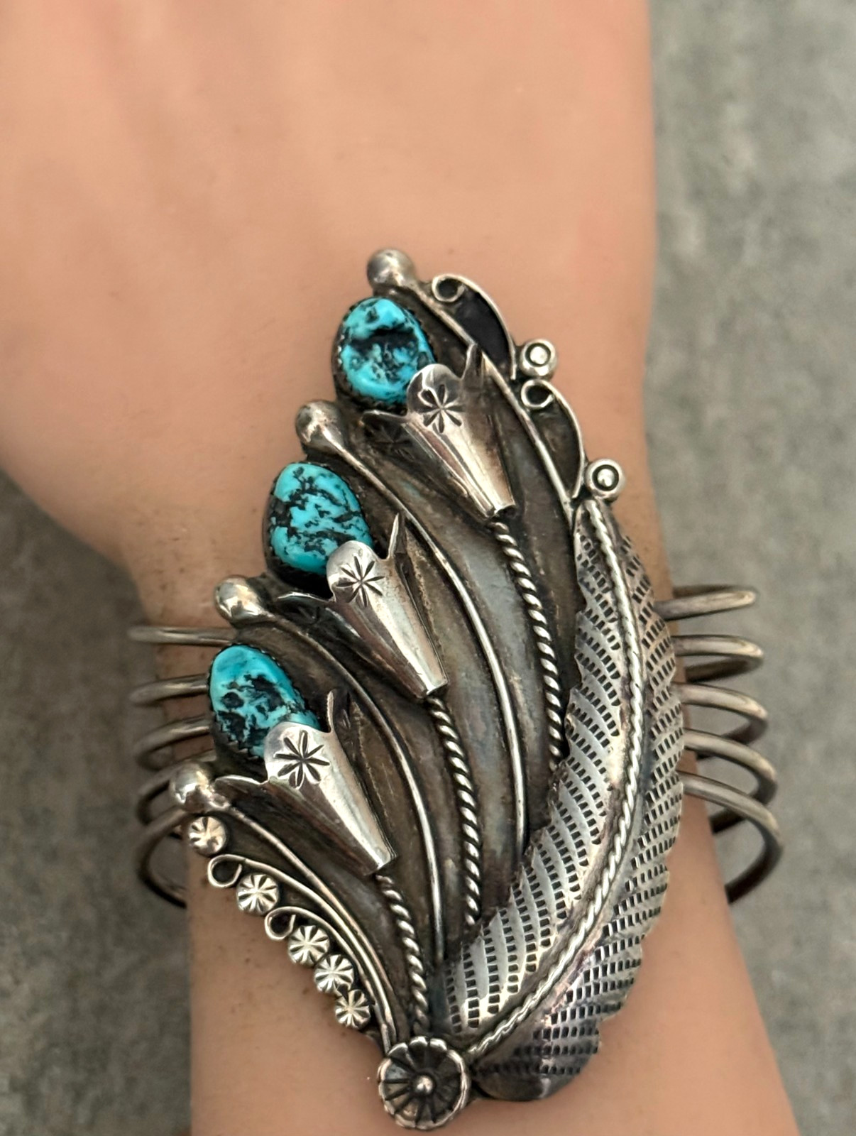 Vintage Navajo Turquoise Sterling Silver BLOSSOM Bracelet 6.7 in