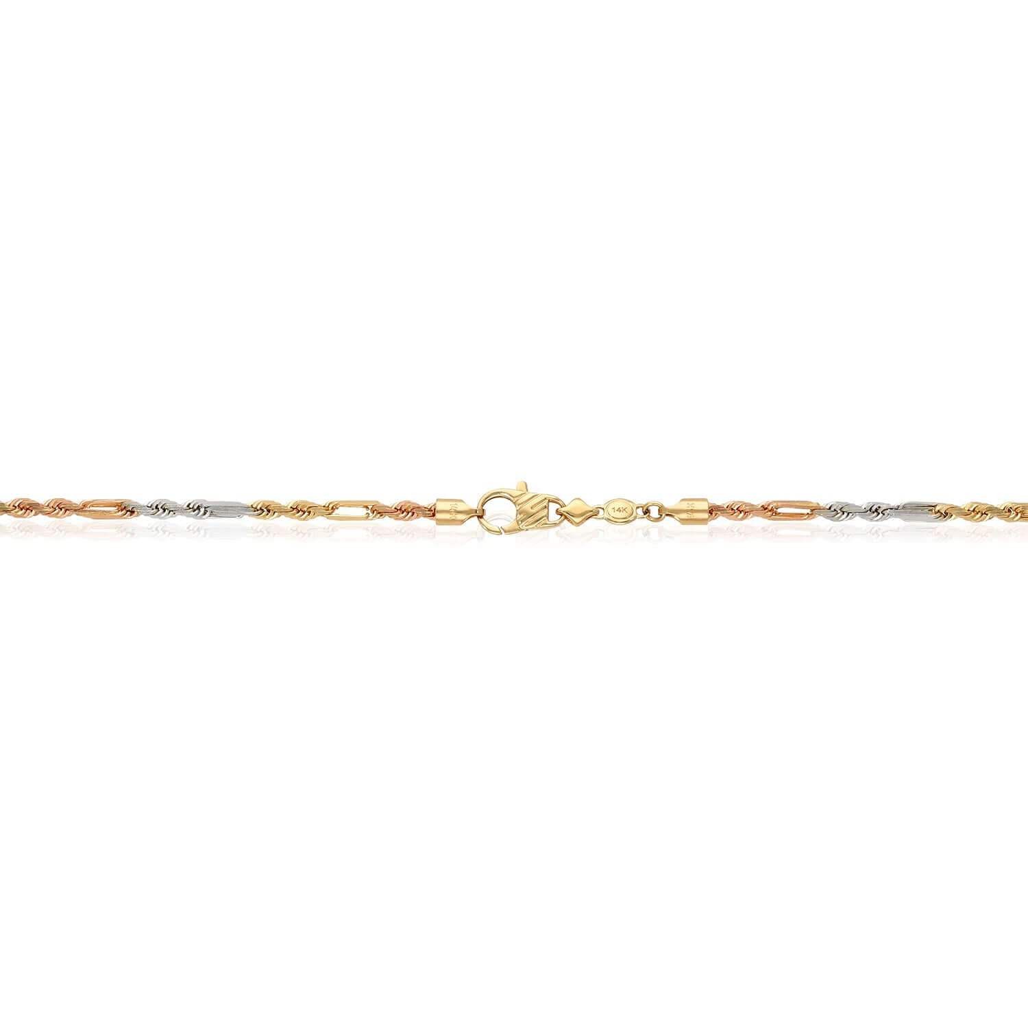 14K Tri-Color Gold Rose White 3mm Figarope Chain (Solid Links) 22″-26″