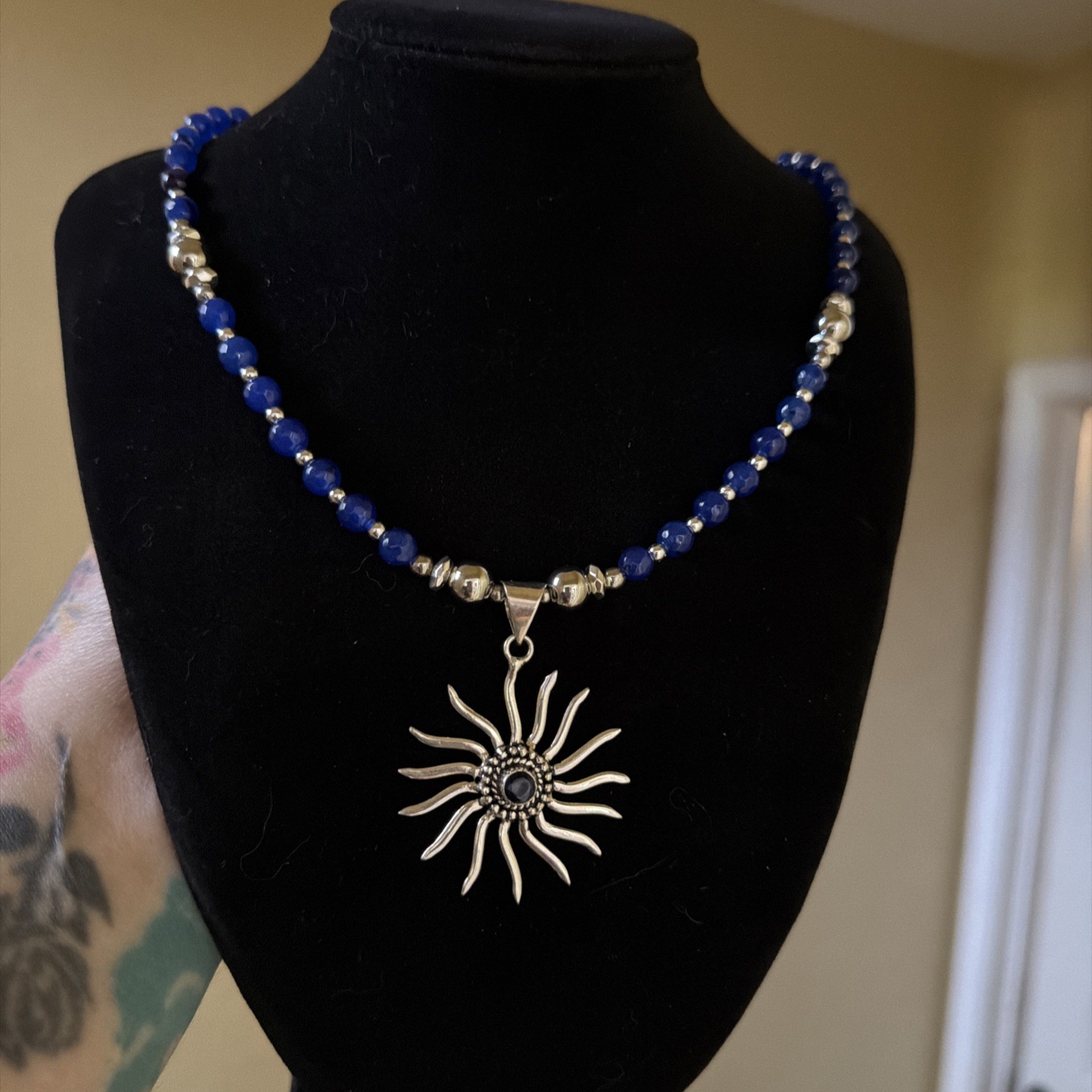 Blue Saphire Sterling Sun Pendant With Matching Bead Necklace 18-20inches
