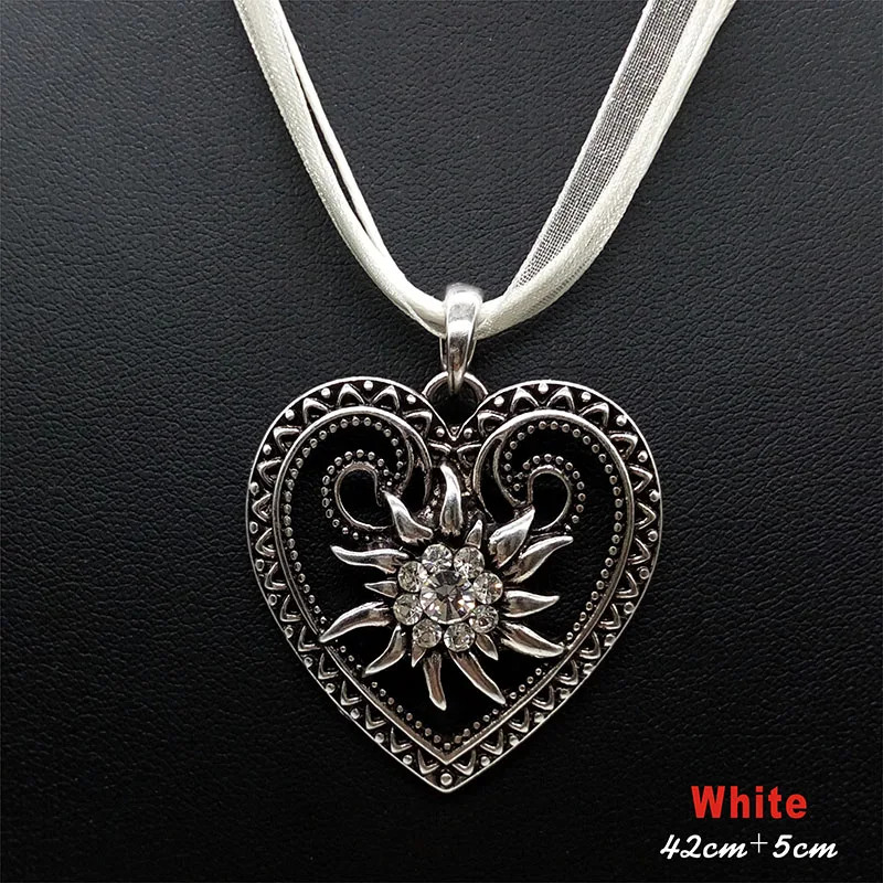 New Vintage Heart Edelweiss Flowers Necklace Organza Ribbon Pendant Women