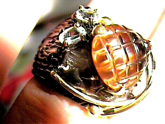 STERLING 925 SILVER carving citrine RING 6.5 art designer rare unique handmade