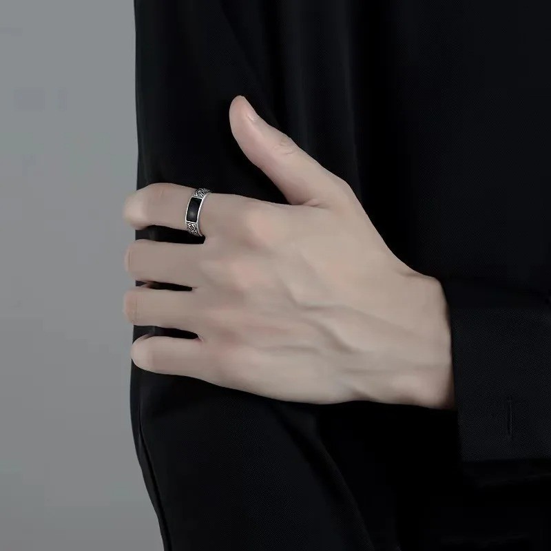 925 Sterling Silver Men’s Black Gem Ring Luxury Wedding Band Fine Jewelry Gift