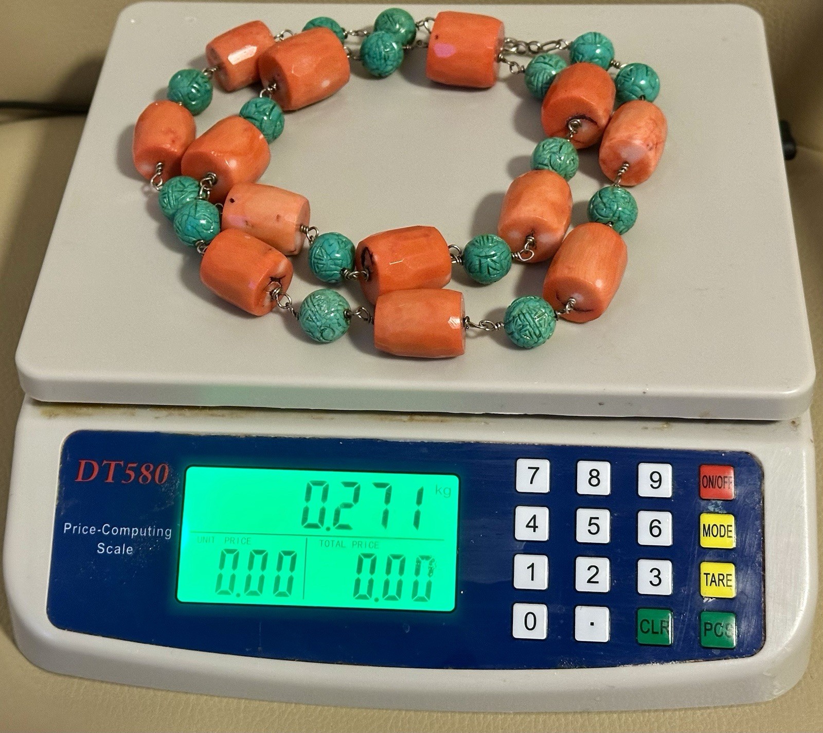 PINK CORAL NECKLACE MATCHING FACETED BEADS-TURQUOISE-SILVER 925-80 CM