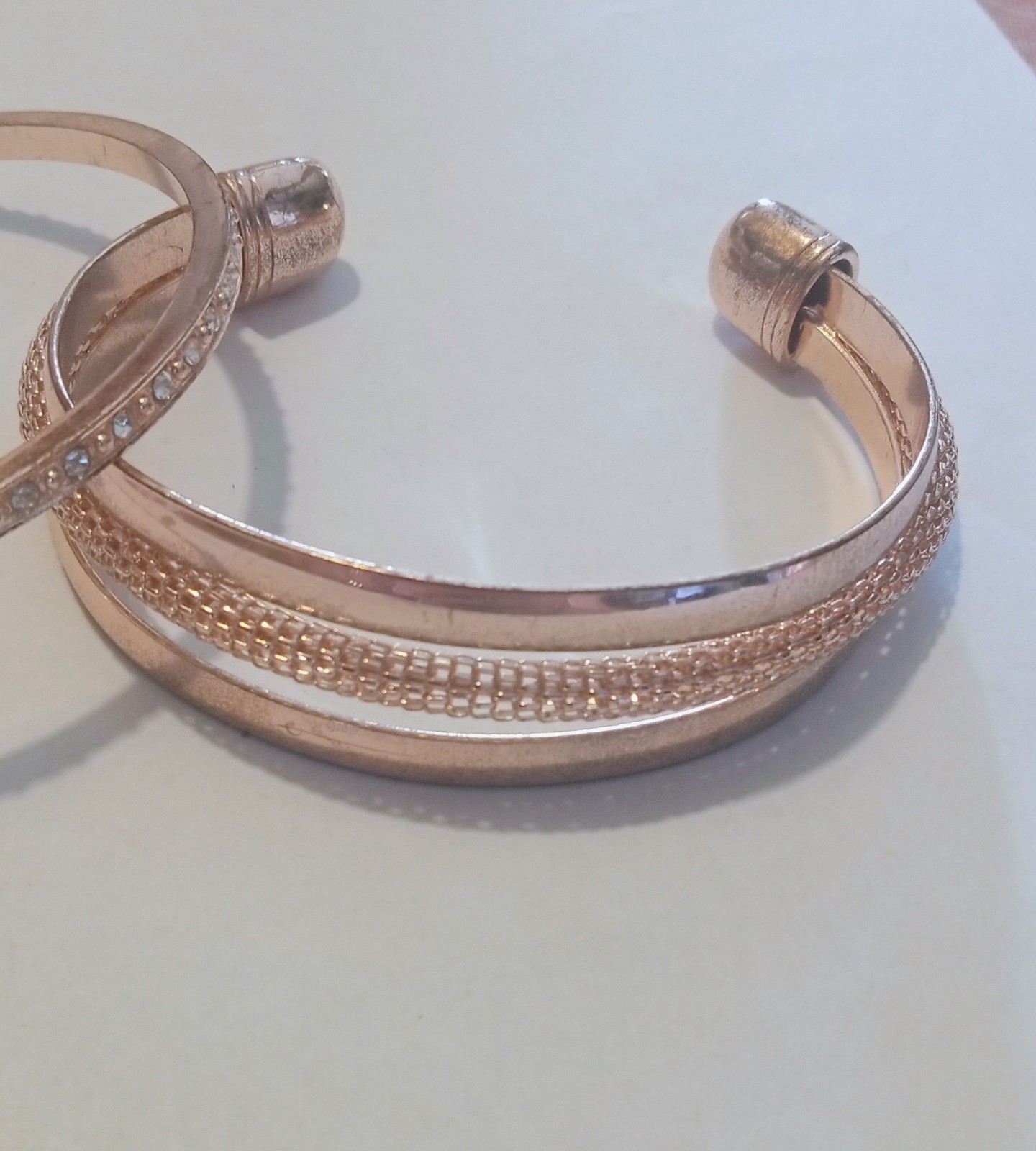 Pair Of Rose Gold Colored Bracelets One Bangle With Rhinestones One Cuff