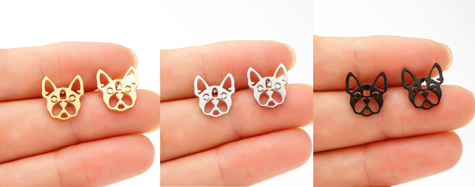 Titanium Silver/Gold/Black Dog Puppy French Bulldog Stud Earrings
