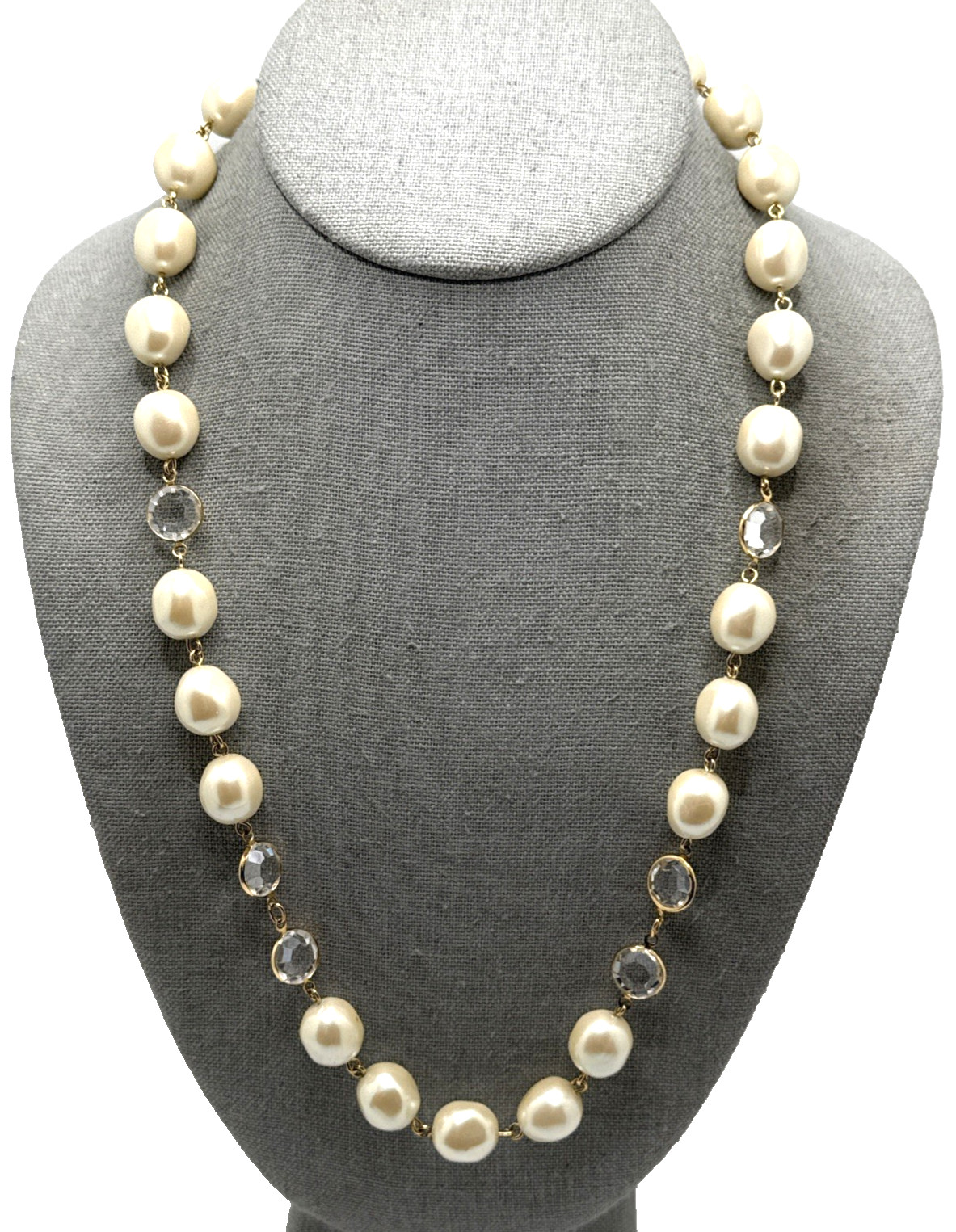 Vintage 80s GIVENCHY Bijoux Faux Baroque Pearl Clear Crystal Bezel Necklace 24″