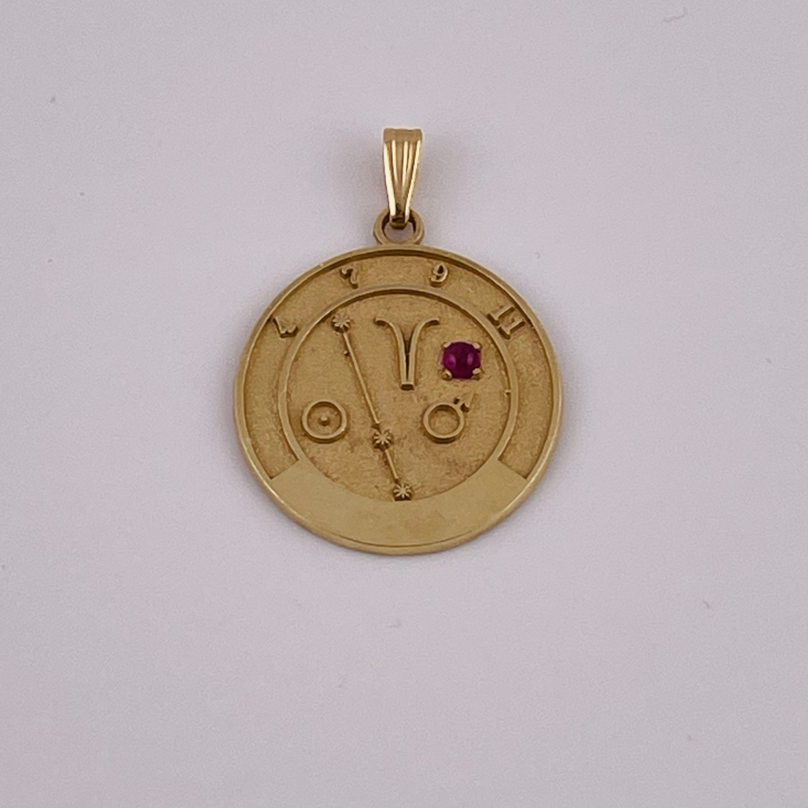 Beautiful 14K Gold Aries Zodiac Talisman Pendant Ruby Astrology Charm 3.2g