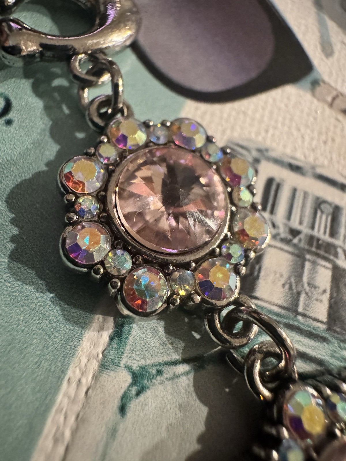 Silver-Tone Statement Link Necklace Pink Round Rhinestone/Crystal Flower Charm