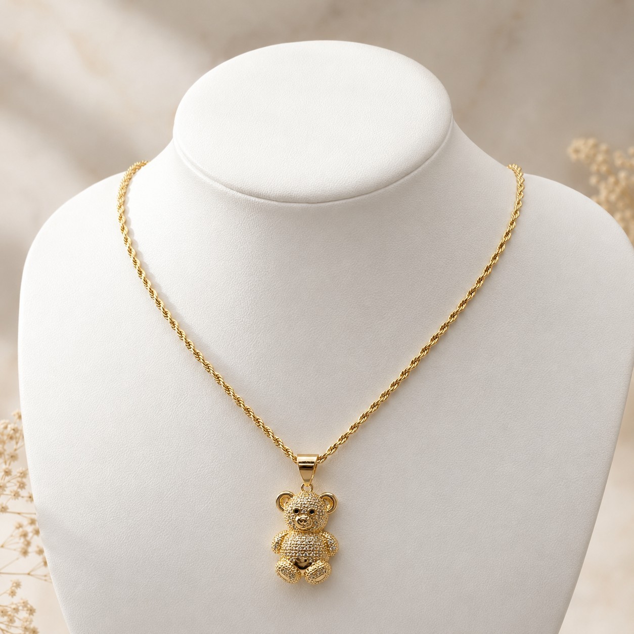 14K Women’s Gold Filled Teddy Bear Pendant Rope Necklace Non Tarnish