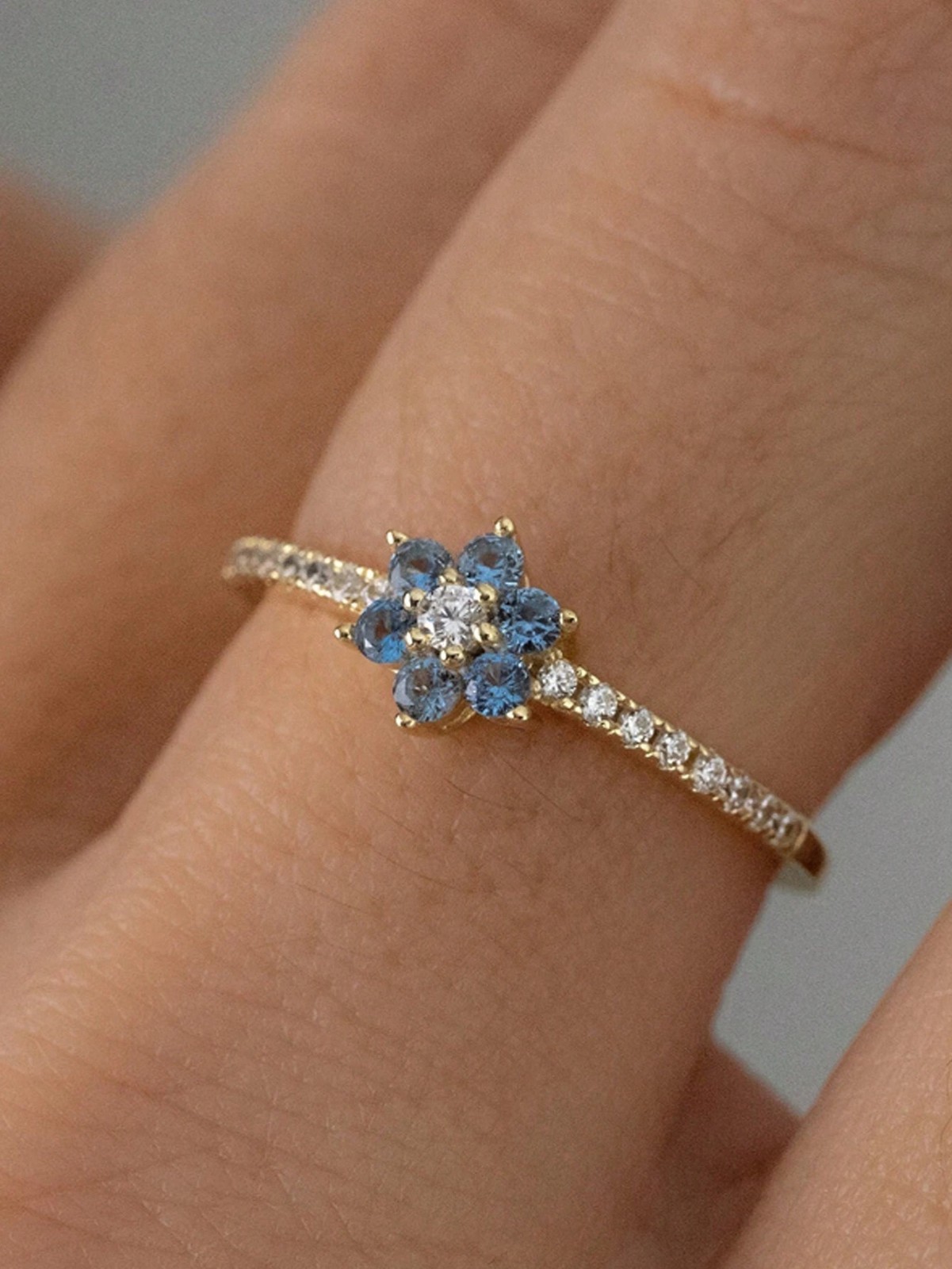 Dainty Blue Flower CZ Promise Ring Gold Tone Floral Engagement Band Women