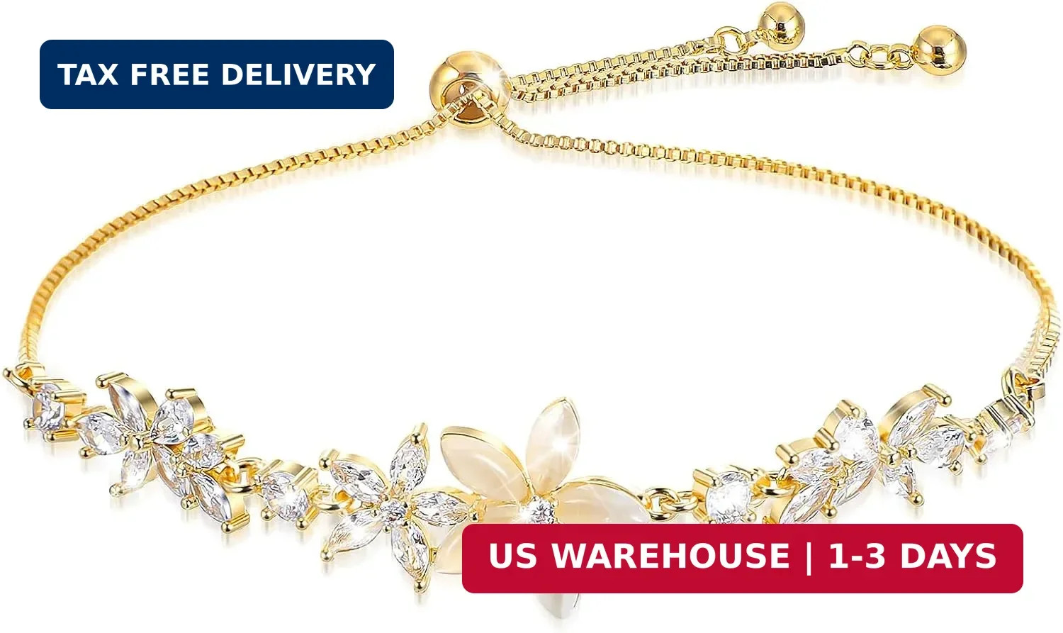 Gold Adjustable Bracelets for Women,Dainty Flower Bracelet Rhinestone Slider Flo
