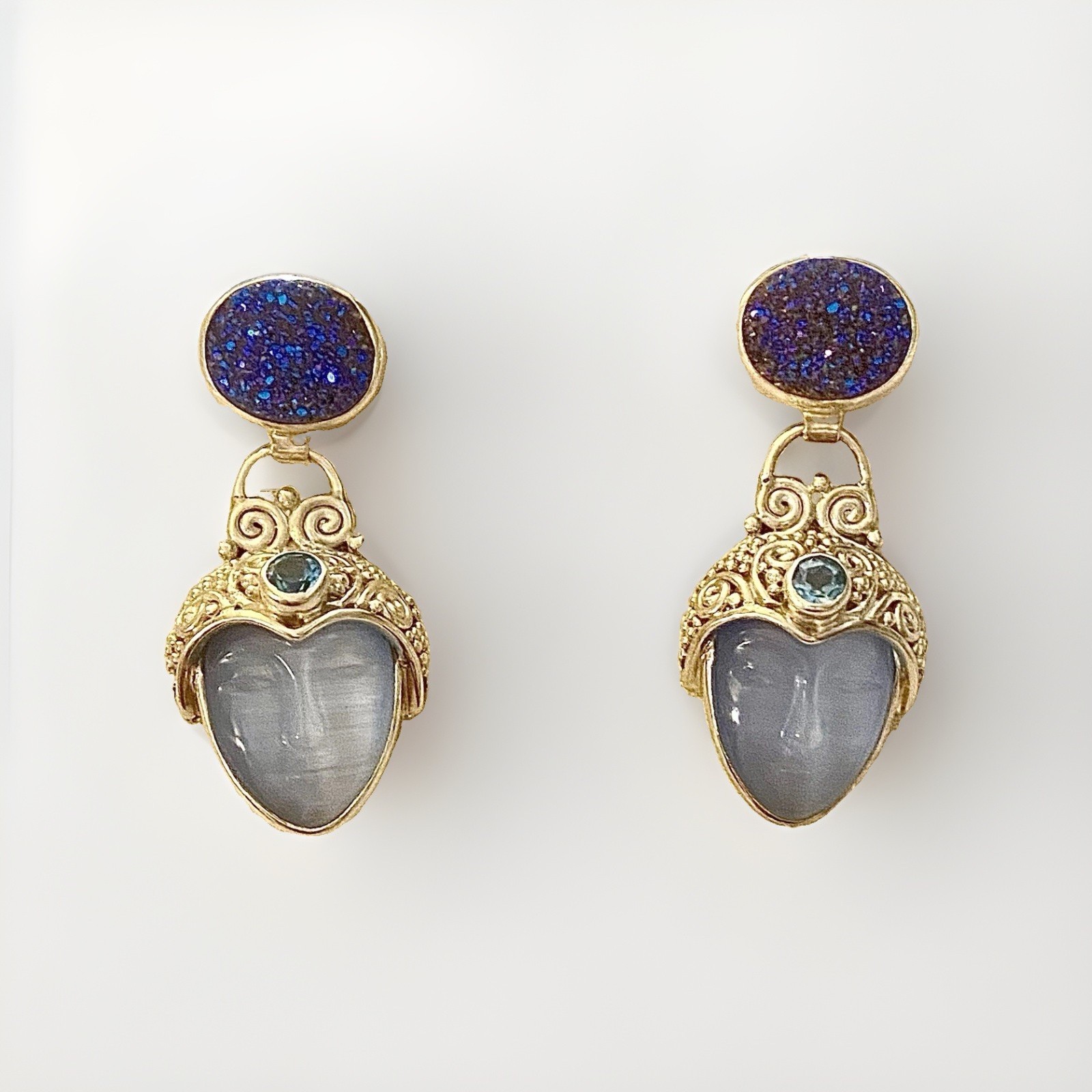 Vintage Sajen 925 Sterling Silver Carved Goddess Face Druzy, Topaz Earrings