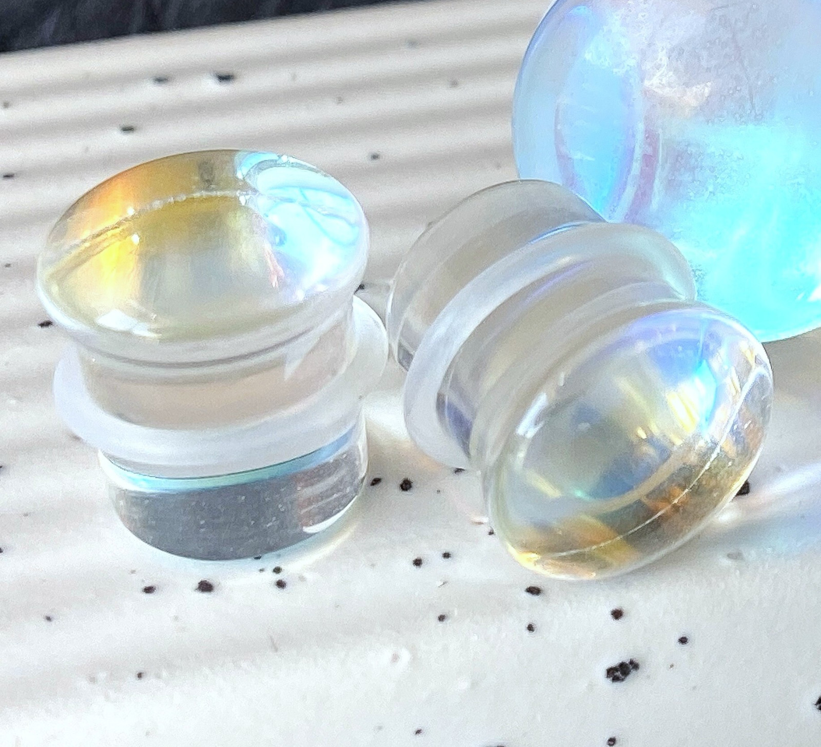 PAIR Luminous Moonstone Glass Single Flare Stone Plugs Gauges Earlets Tunnels