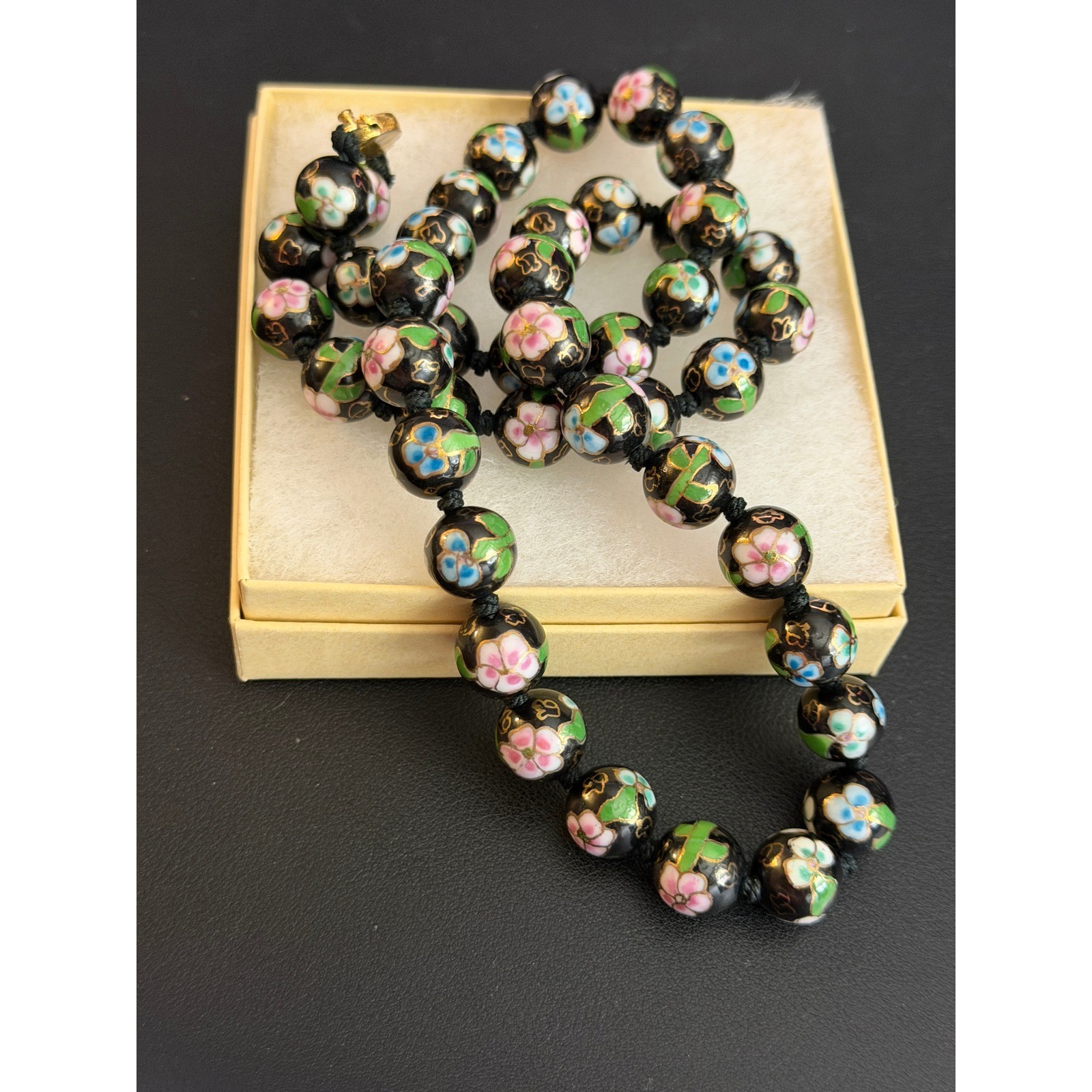 Vintage Cloisonne Necklace Black Beaded Chinese Export