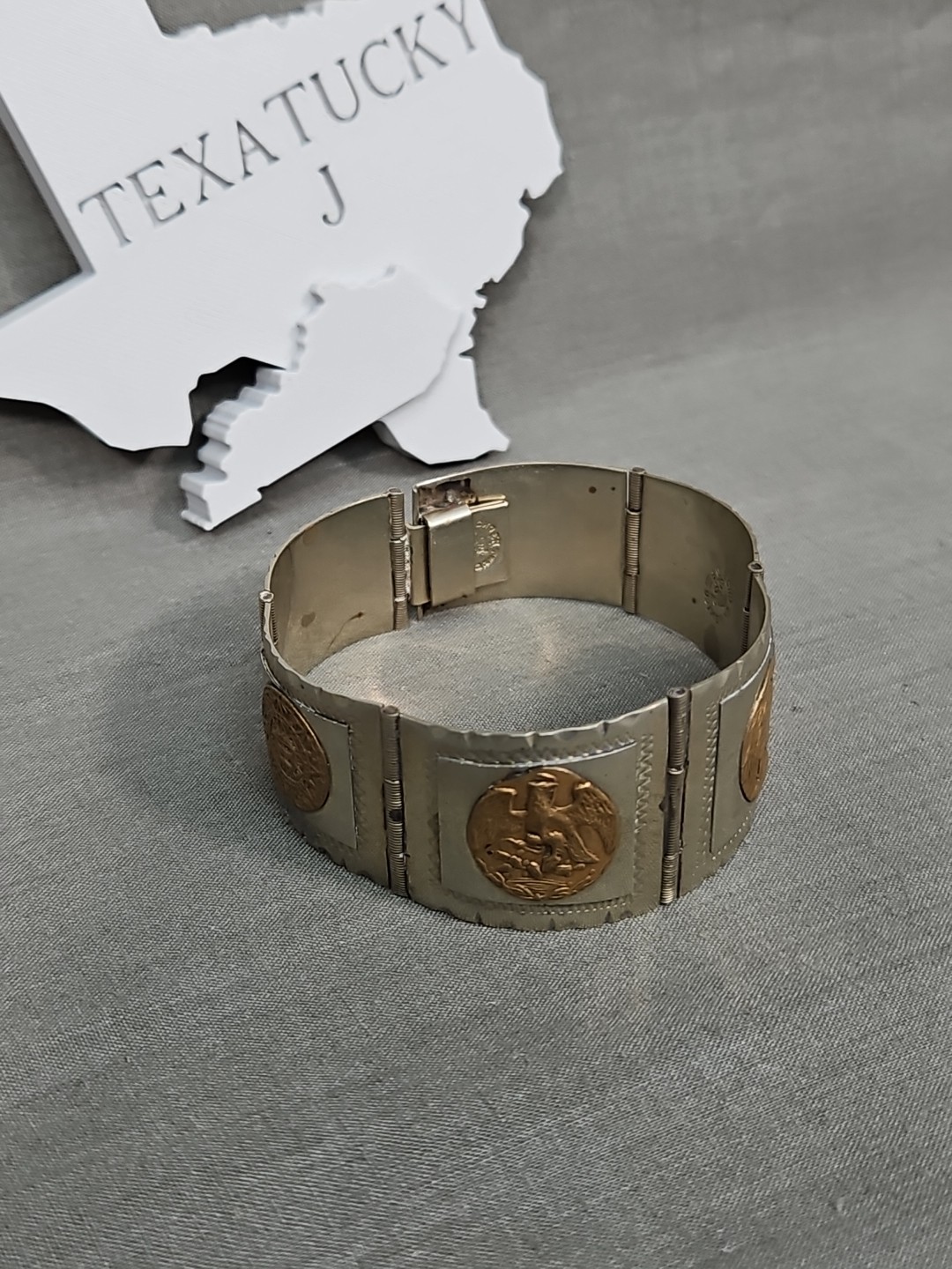 Vintage Alpaca Silver Mexico Two-Tone Mayan Sun Eagle Warrior 6¾” Panel Bracelet