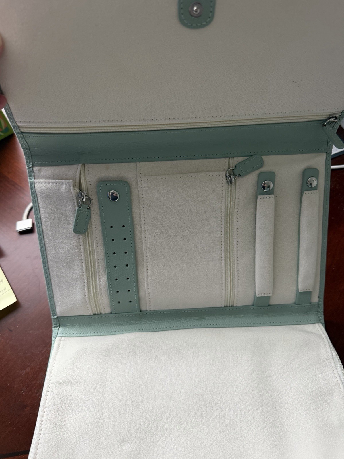 White Faux Leather Lined Travel Jewelry Roll, Snap Closure, Holds 4 Pieces