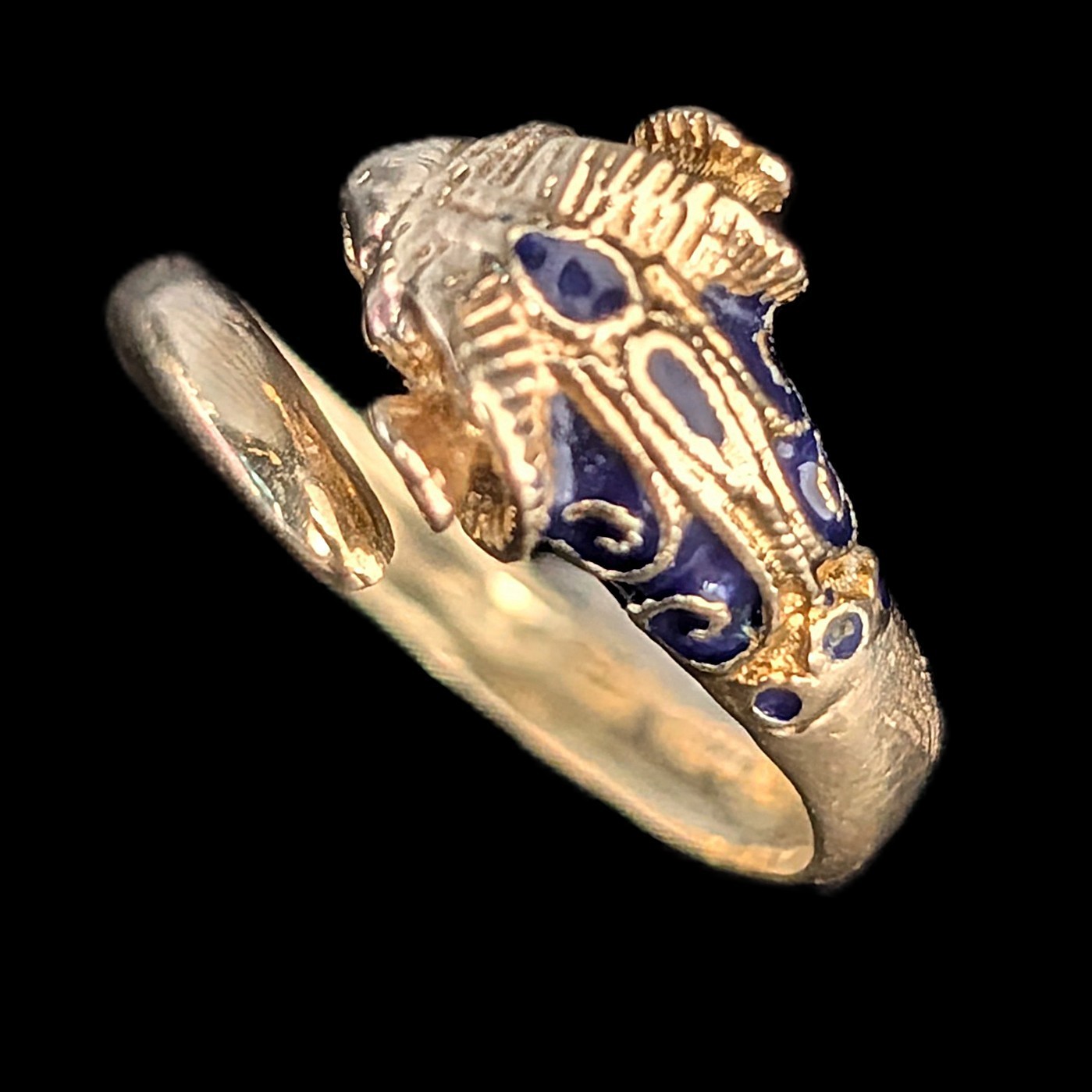 1970s Vintage 14k Gold Enamel Ram Head Bypass Ring Wrap Cocktail Gift Estate