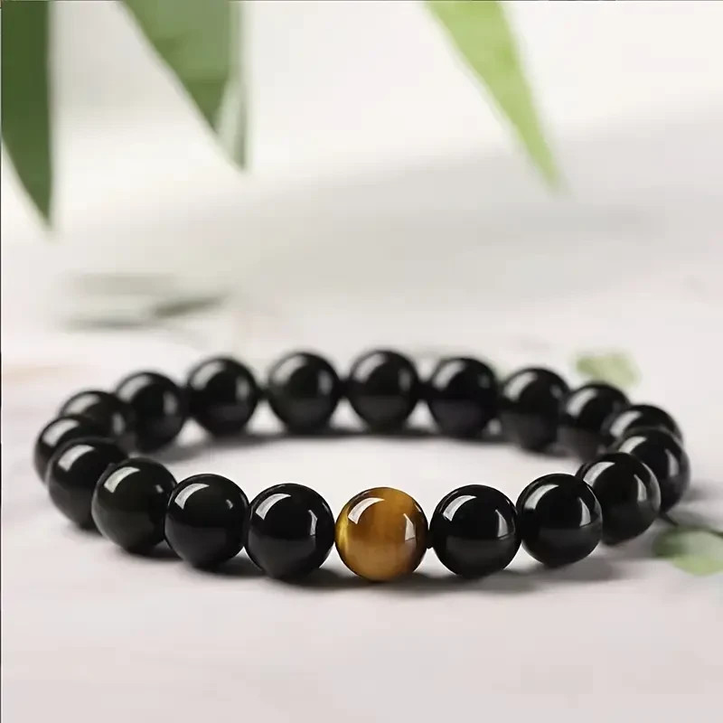 Handmade Black Obsidian & Tiger’s Eye Beaded Bracelet: Crystal Healing Jewelry
