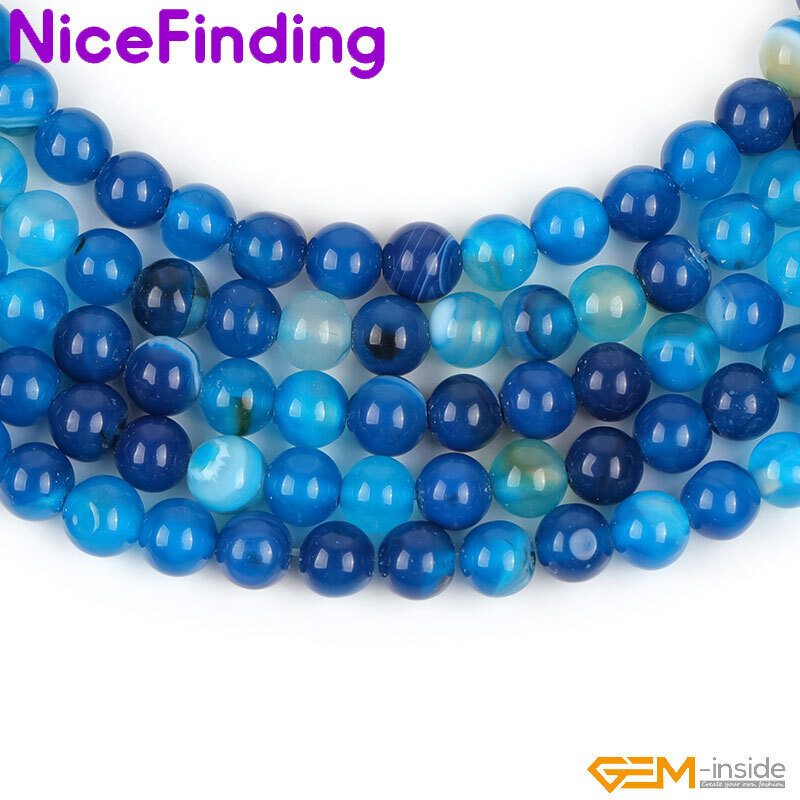 Natural Round Blue Smooth Sardonyx Agate Banded Beads For Jewelry Making 15”