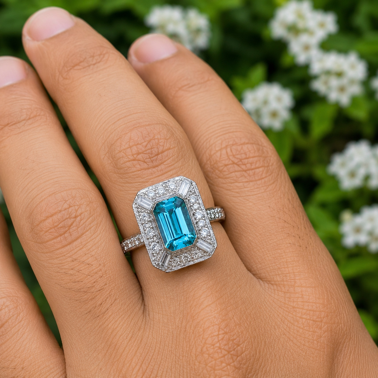 2.50Ct Emerald Lab Created Blue Topaz Halo Engagement Ring 14K White Gold Plated