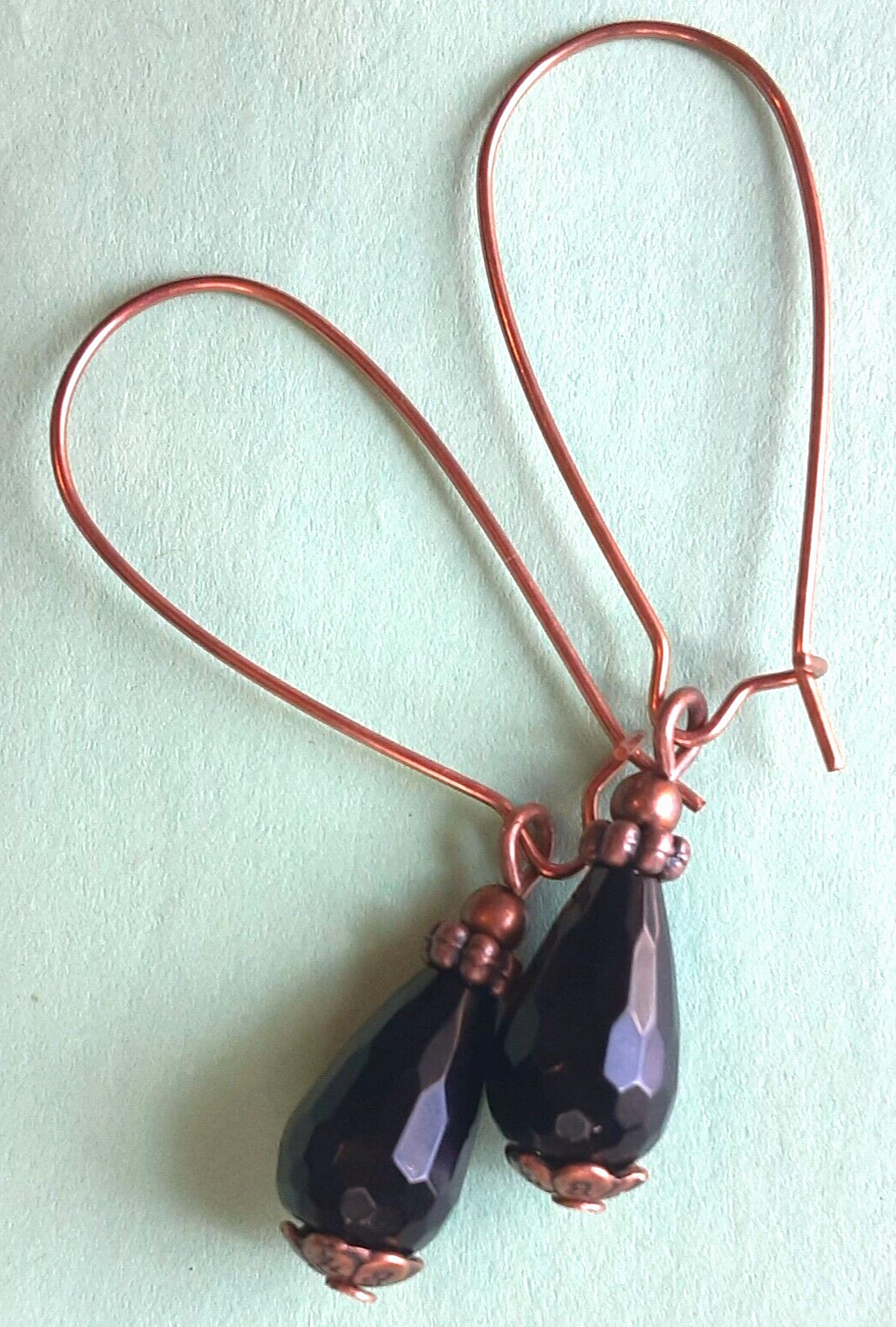 ONYX BLACK faceted dangle earring COPPER KIDNEY WIRE HANDCRAFTED K2TA