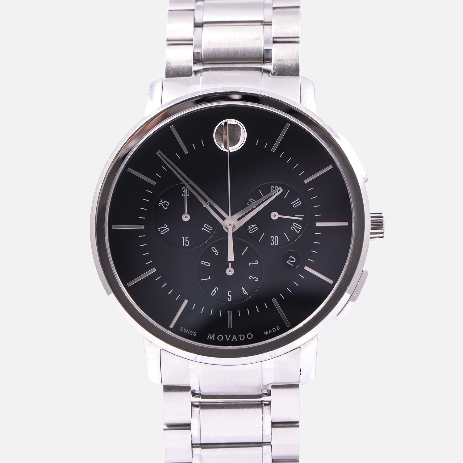 Movado Ultra Thin Chronograph Quartz 606886 Stainless Seel Black Dial
