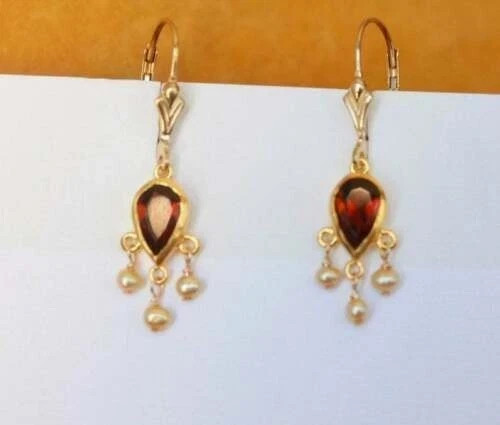 Unique Dangle Earrings 2Ct Pear Lab Created Garnet 14K Yellow Gold Plated Silver