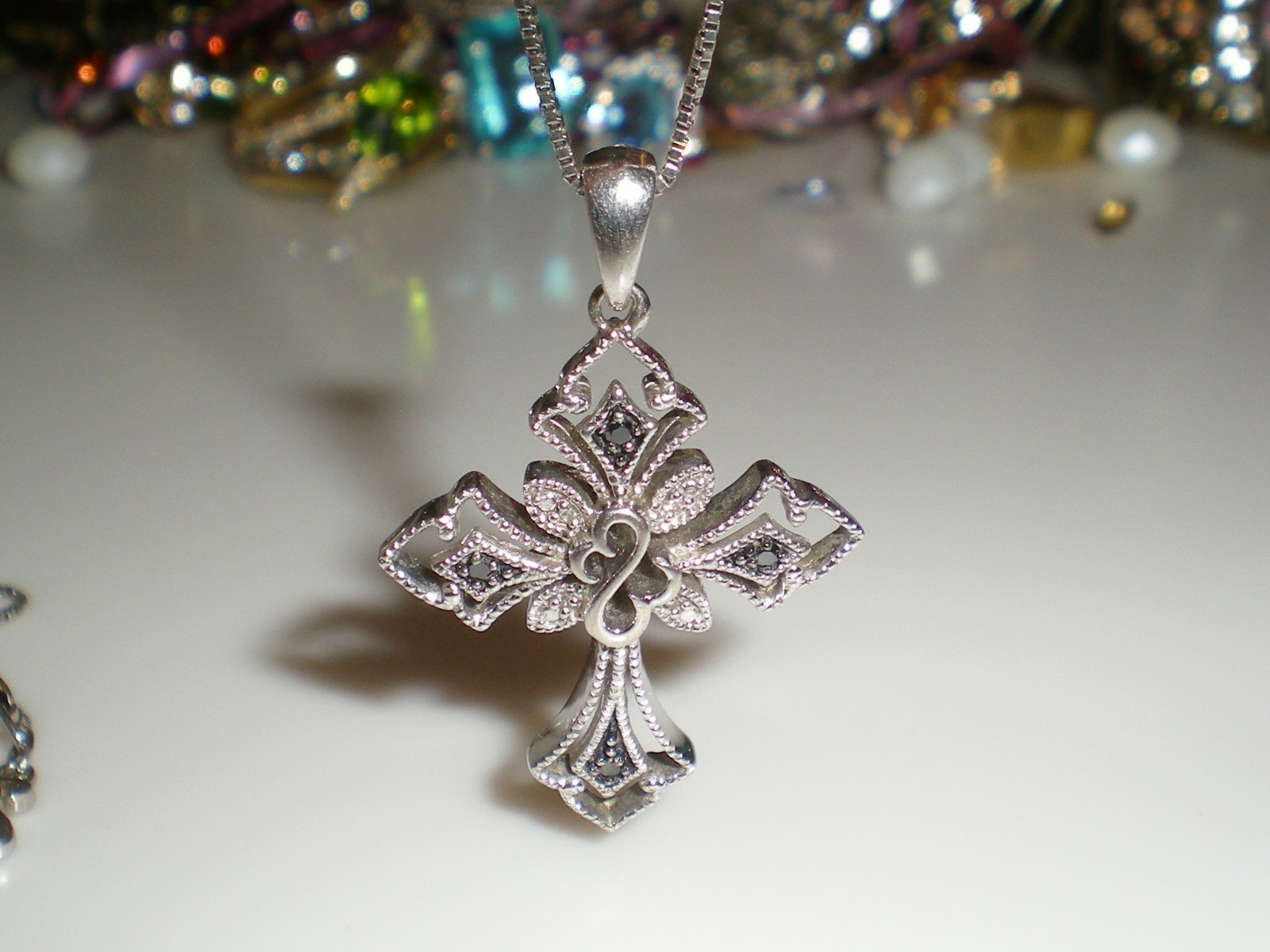 Jane Seymour SS Open Hearts Gothic CROSS 1/6ct Diamond Necklace 💎 KAY BOX 💎