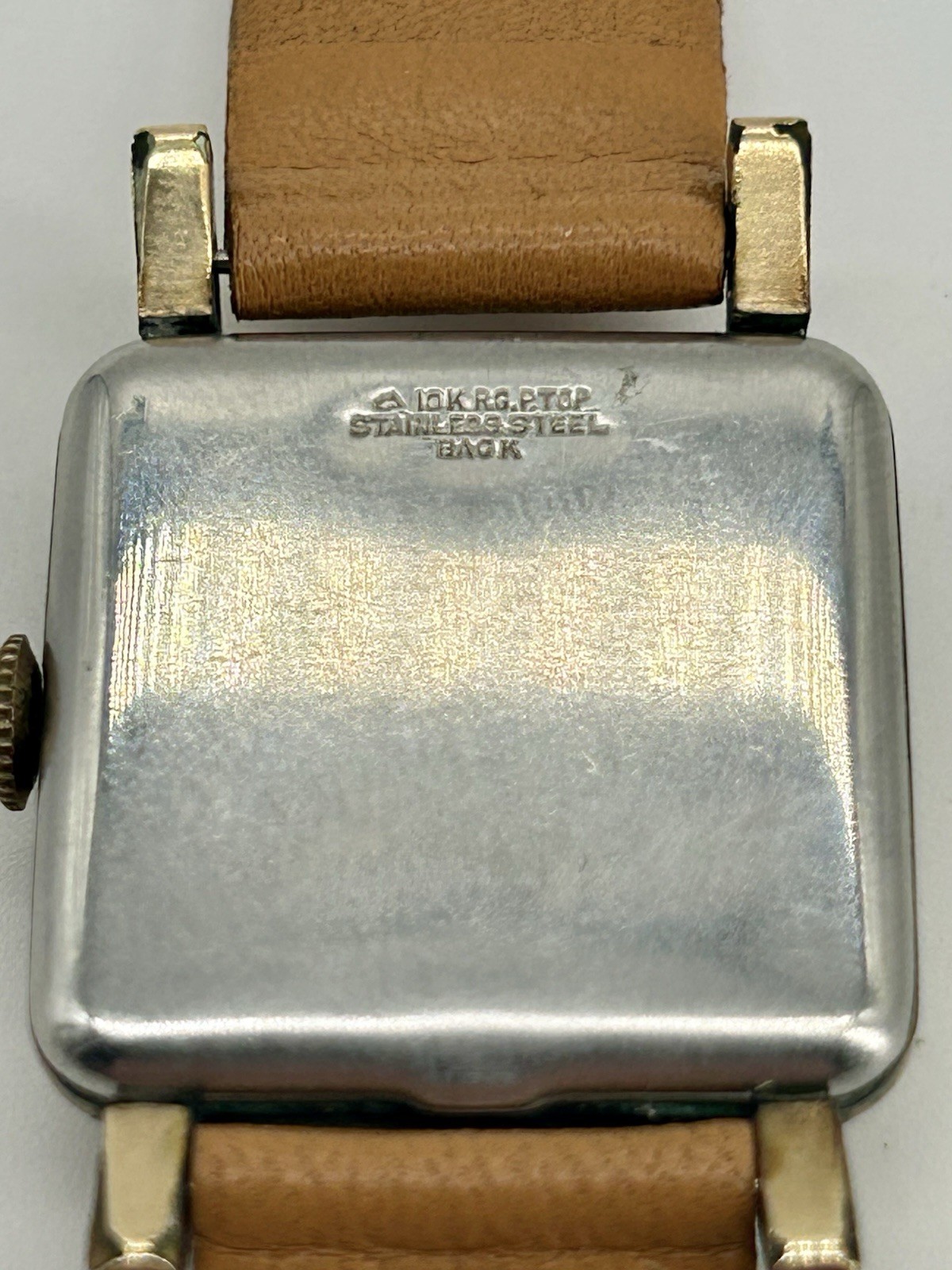Elmont Swiss Made 17J Manual Wind Square Gold Tone Small Sec Brown Leather