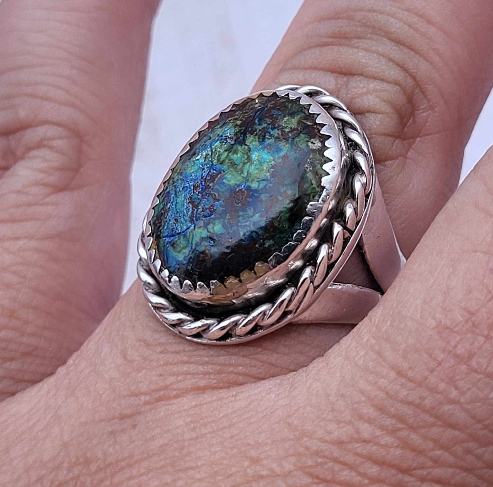 Beautiful Solid 925 Sterling Silver Oval Azurite Malachite Ring