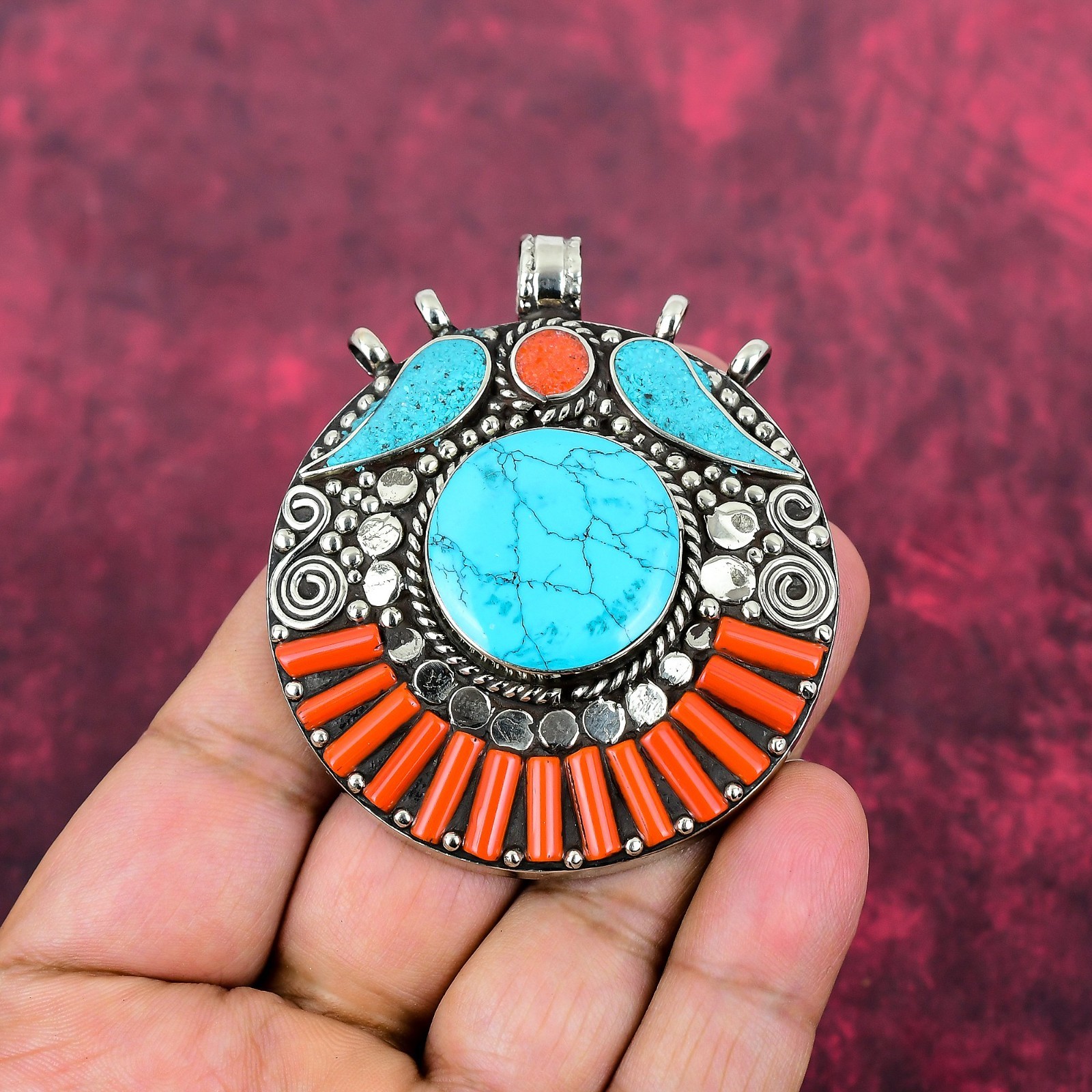 Turquoise, Coral Gemstone 925 Silver Handmade Ethnic Nepali Pendant Jewelry