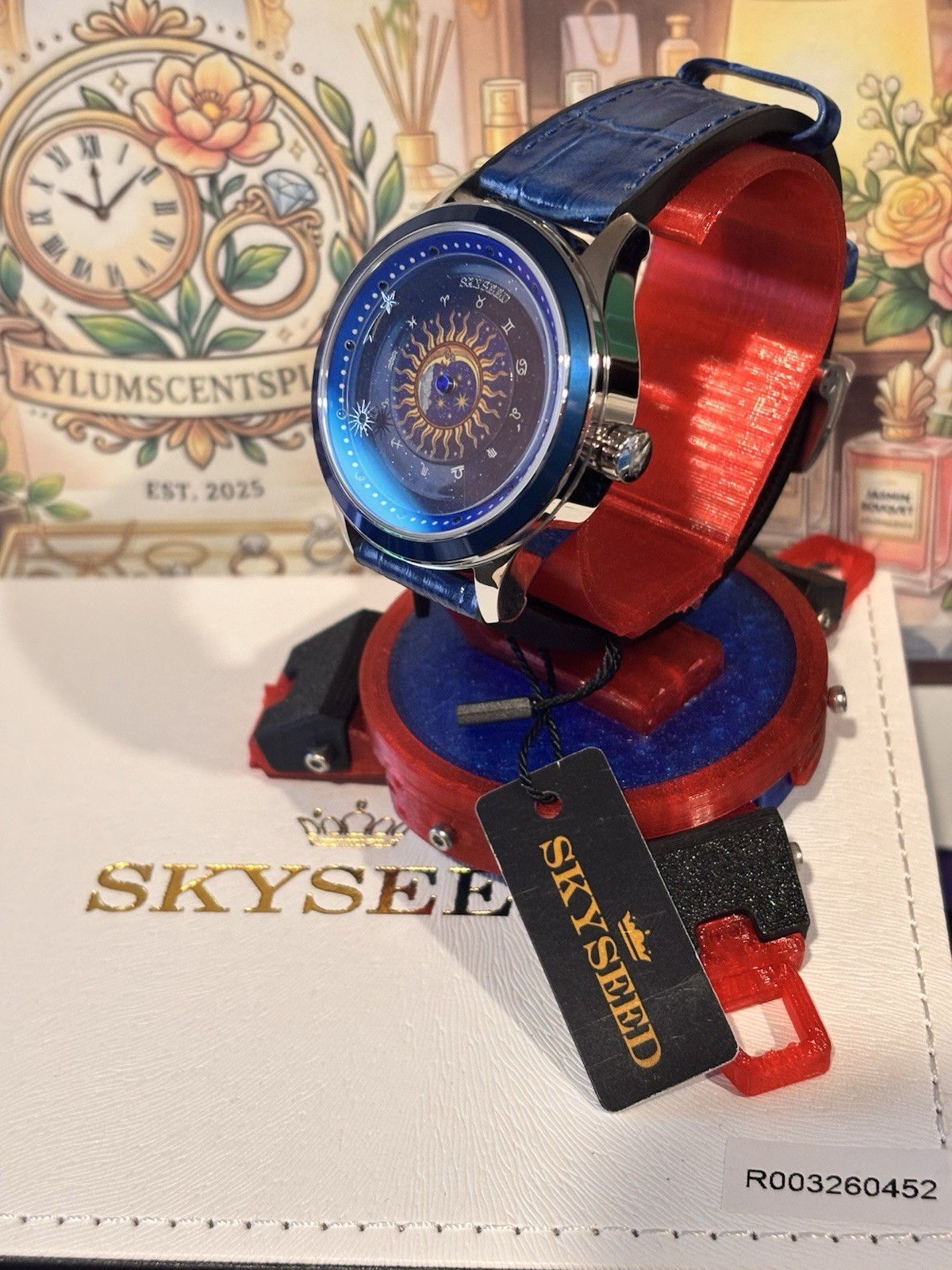SKYSEED Celestial Blue Automatic Wristwatch, Exhibition Caseback, Leather Band