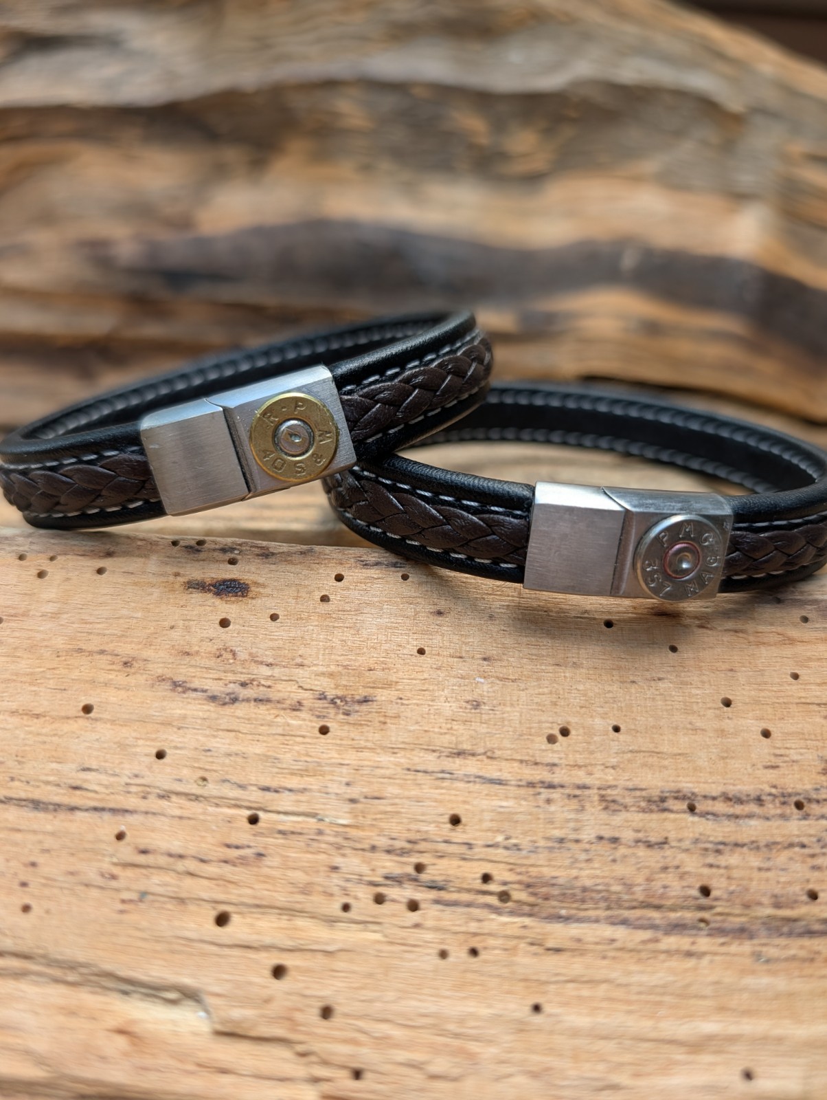Black and Brown Braided Leather Bullet Bracelet with a 9, 38,40 or 357 Bullet.