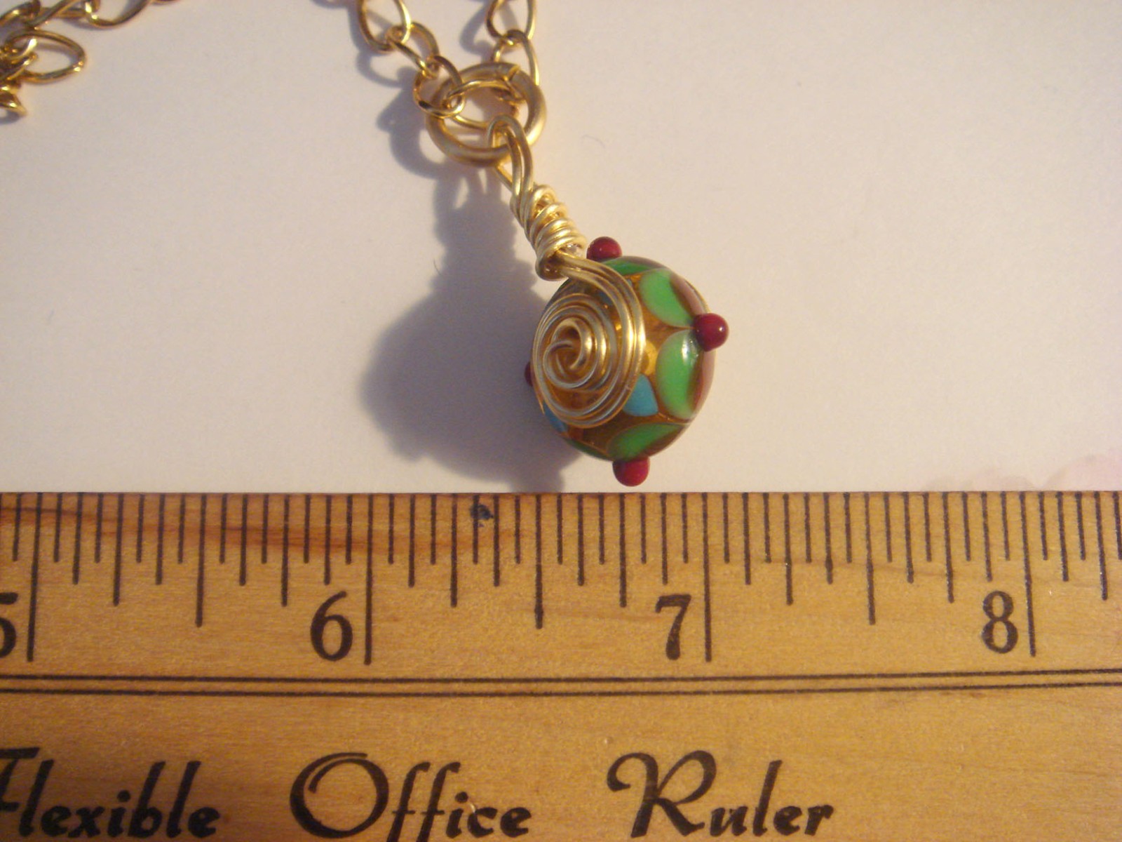 #227 A Unique Lamp Work Bead Pendant with Gold Chain Wire Wrapped One of a Kind