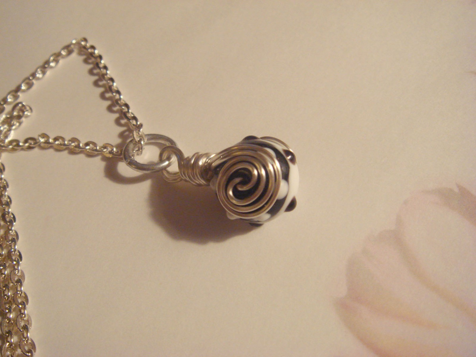 #202 Black&White Bead Pendant with Silver Chain Wire Wrapped One of a Kind