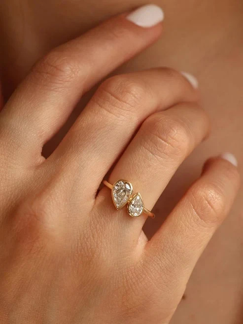 1.50Ct Pear Cut Bezel and Toi -Moi Lab Grown Diamond Engagement Ring Yellow Gold