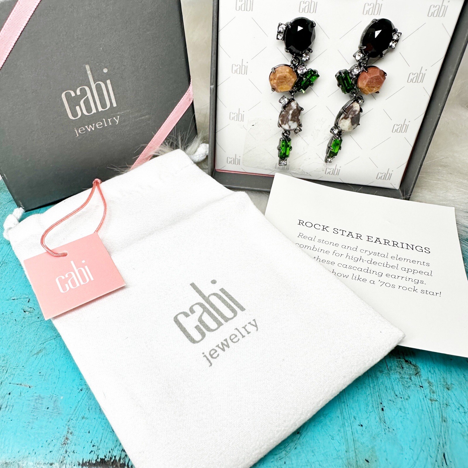 Cabi Rockstar Gemstone Crystal Dangle Earrings Dust Bag Paperwork Box New w/Box