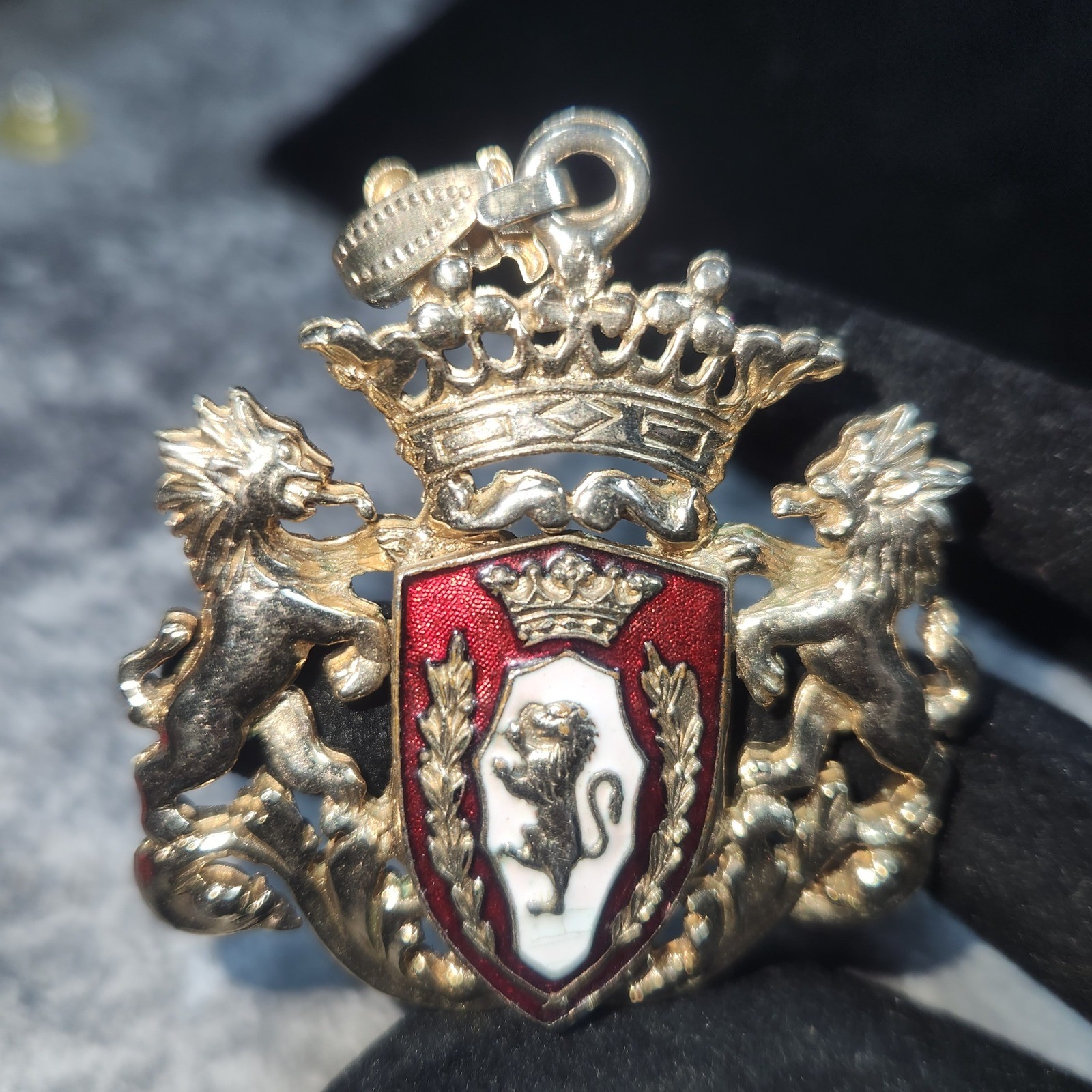 Vintage Heraldic Crest Lion Gold Tone Red White Enamel Coat of Arms Crown charm