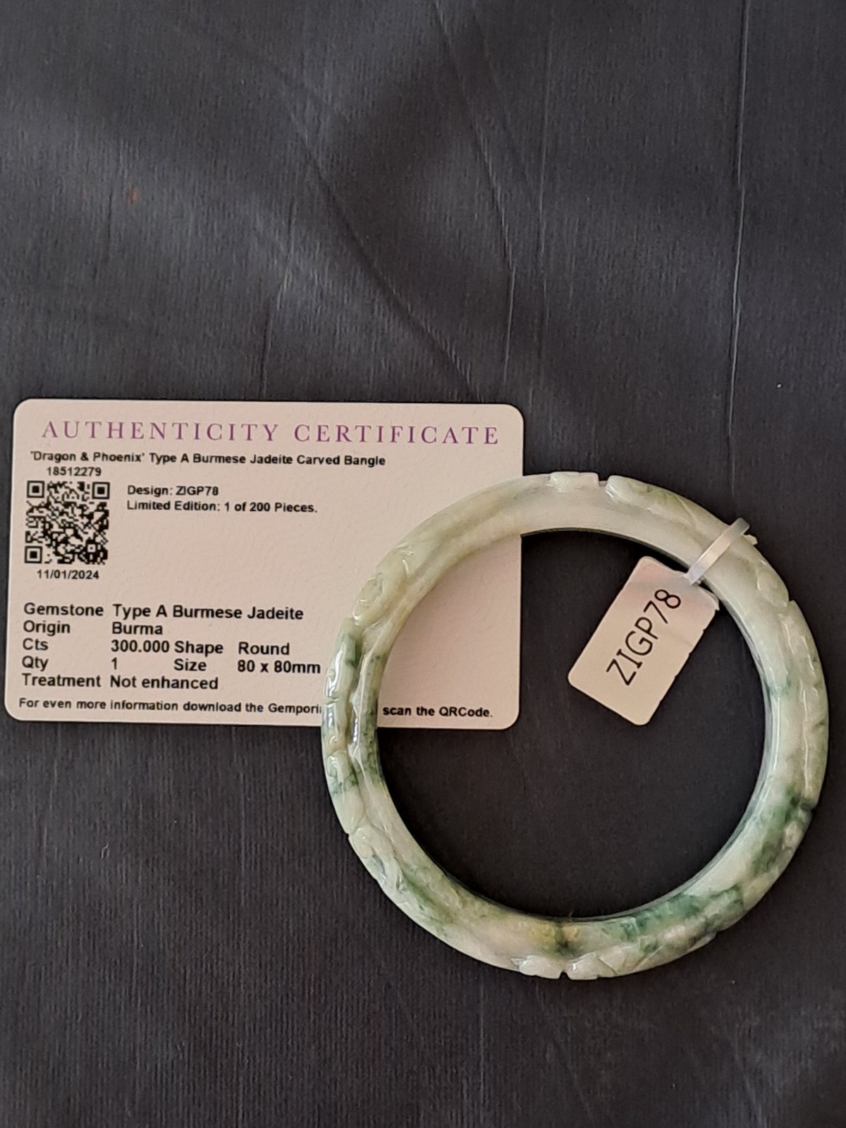 BURMESE JADEITE GRADE A CERTIFIED 300CTS ” DRAGON & PHOENIX ” CARVED BANGLE