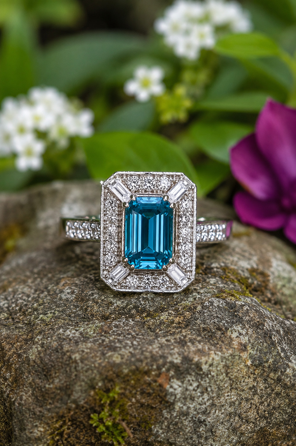 2.50Ct Emerald Lab Created Blue Topaz Halo Engagement Ring 14K White Gold Plated