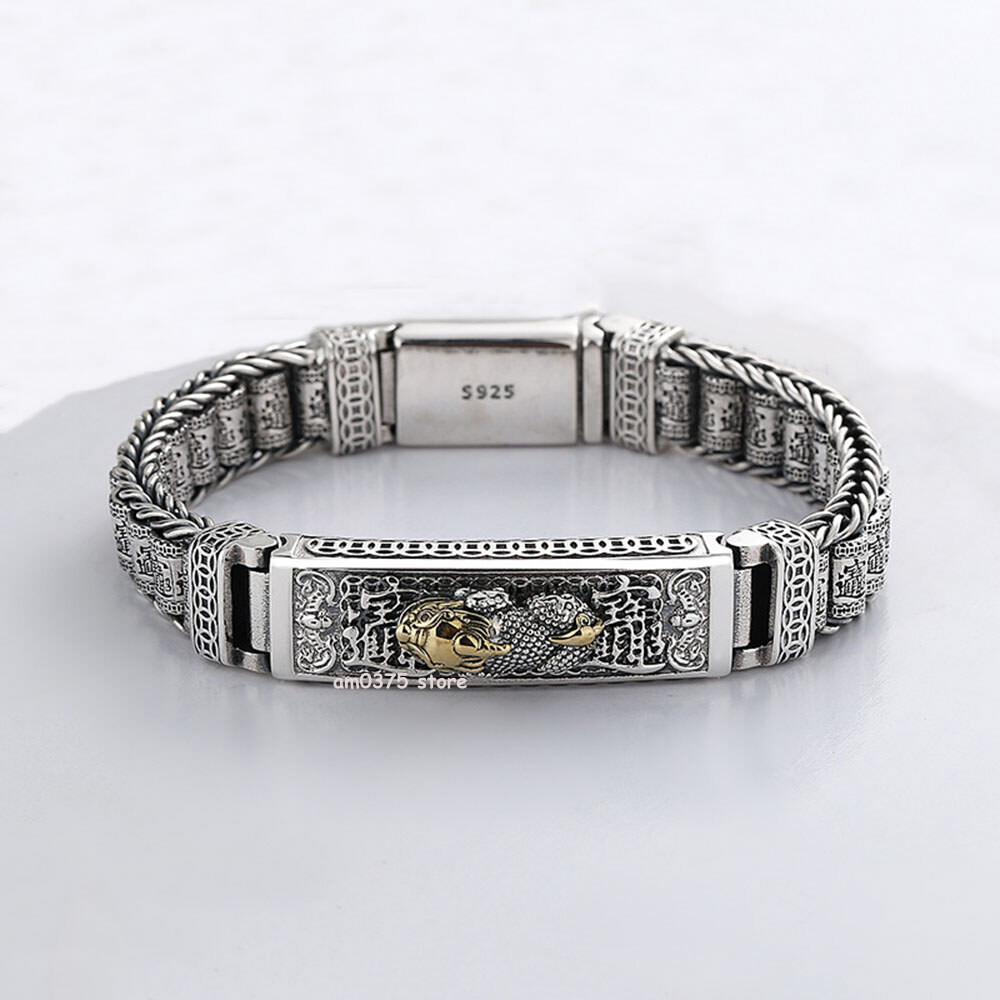 Real S925 Sterling Silver Women Man’s 12mm Prayer Wheel Dragon Pixiu Bracelet