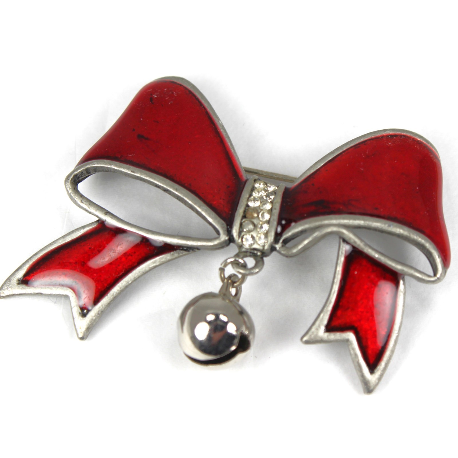 Vintage Red Enamel Christmas Brooch Drop Jingle Bell Pewter Signed AS