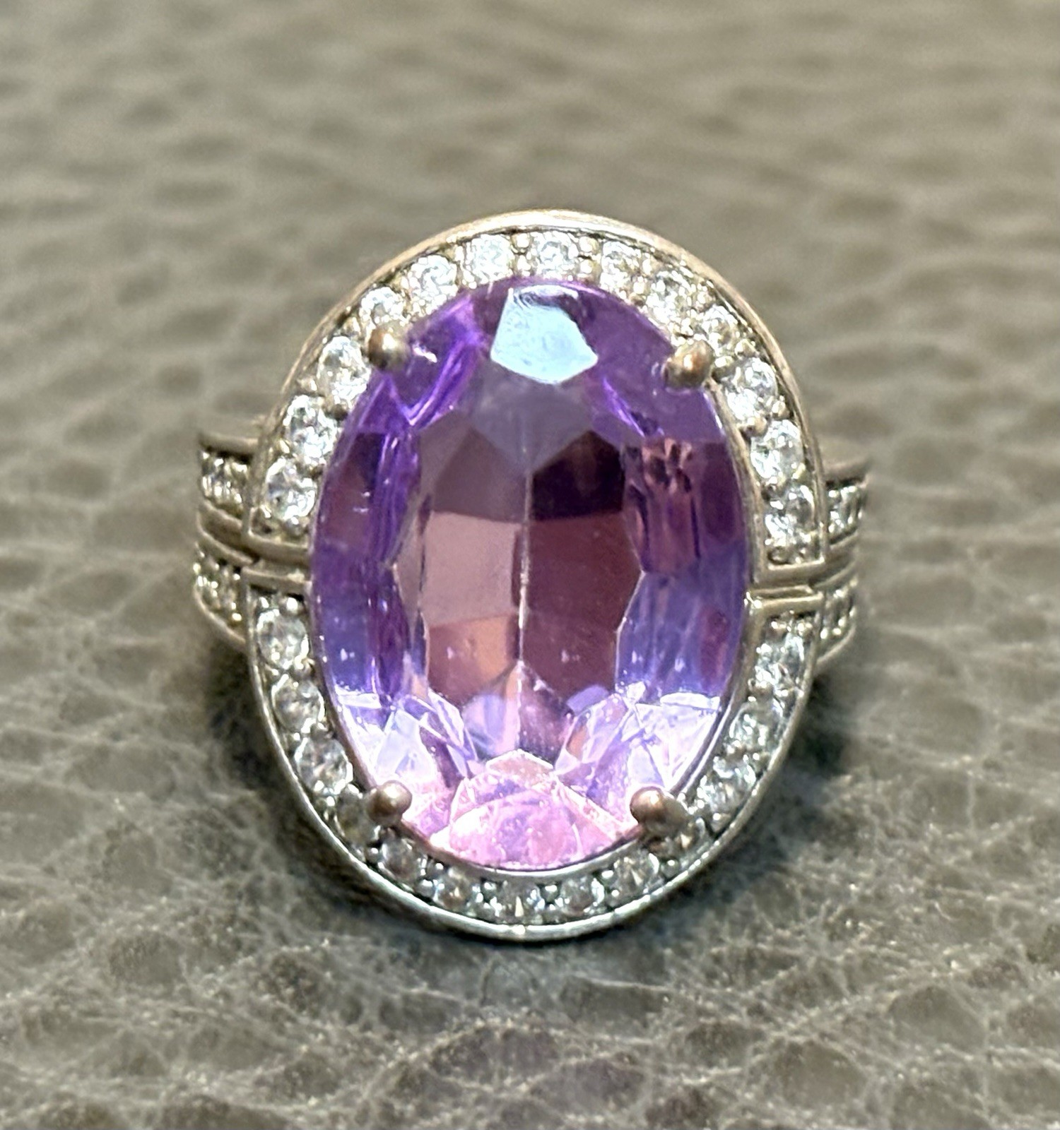 HUGE Faux Amethyst Crystal Rhinestone Statement Cocktail Silver Plated Ring 6.25