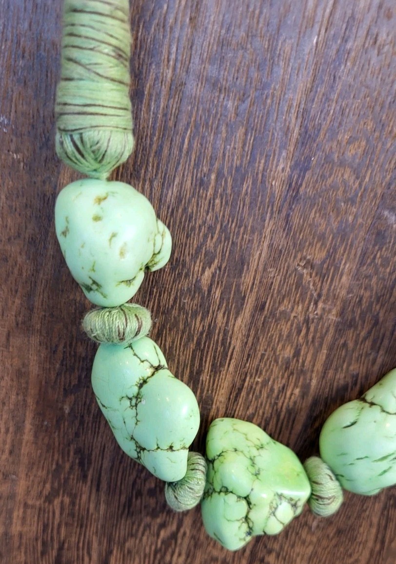 Vintage Green Gaspeite Nugget Yarn Wrapped Necklace Free Shipping