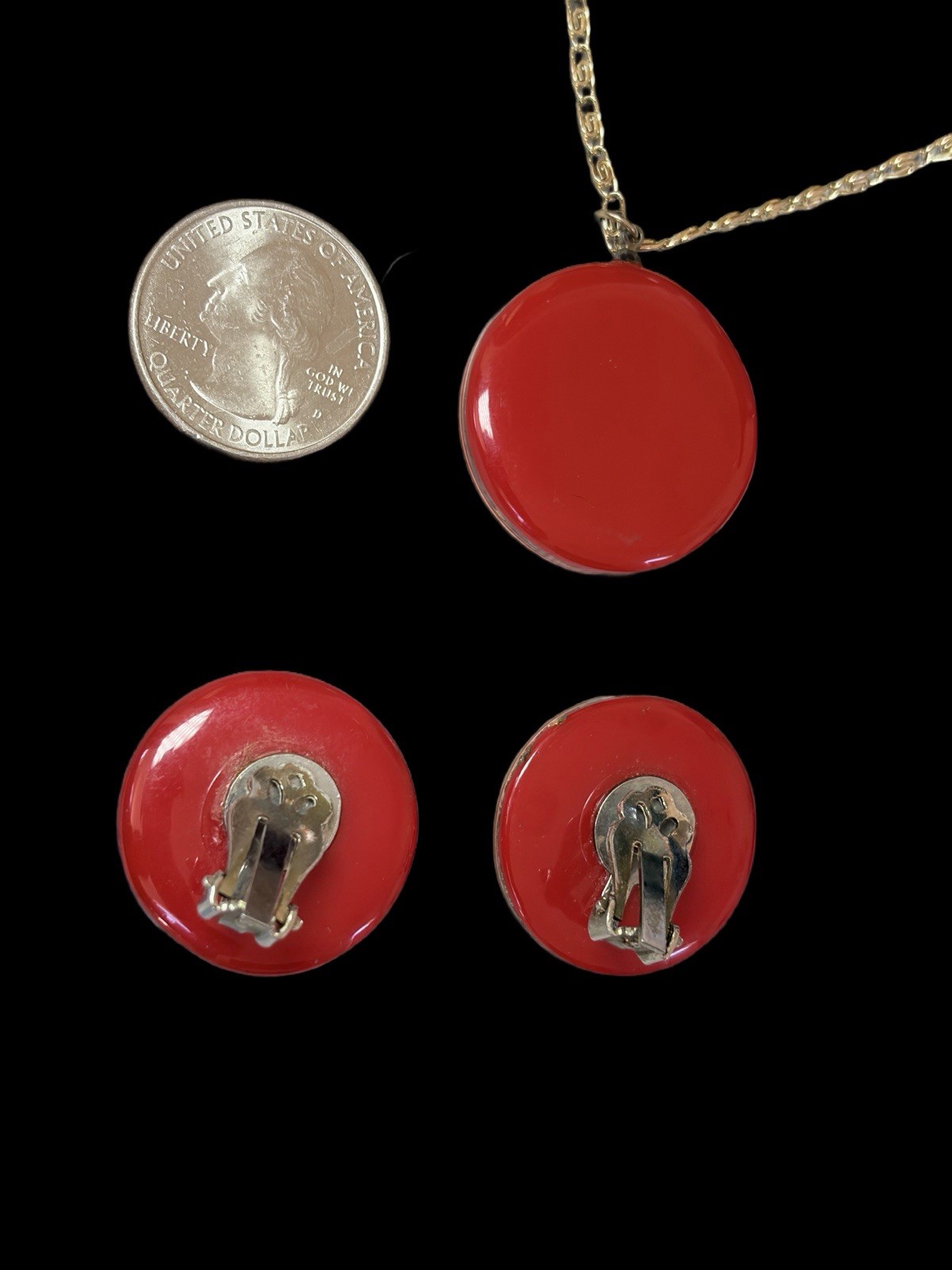Vintage West Germany Red Resin & Gold Foil Pendant Necklace & Earrings Set~1950s