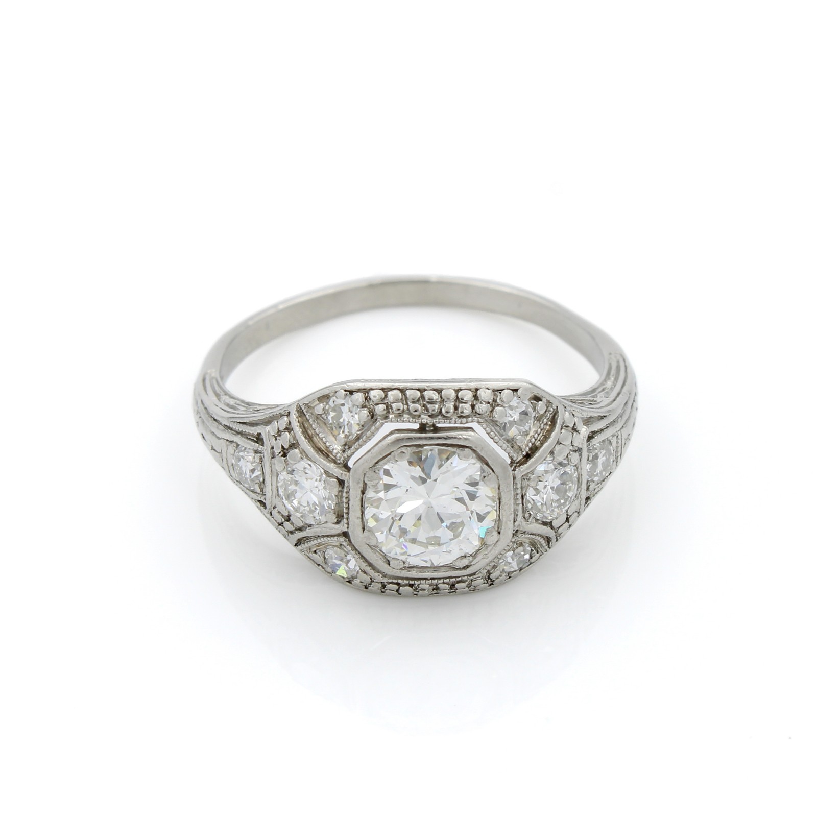 Art Deco Platinum 900 Die Struck Diamond Sz. 5 Ring #E96881-1